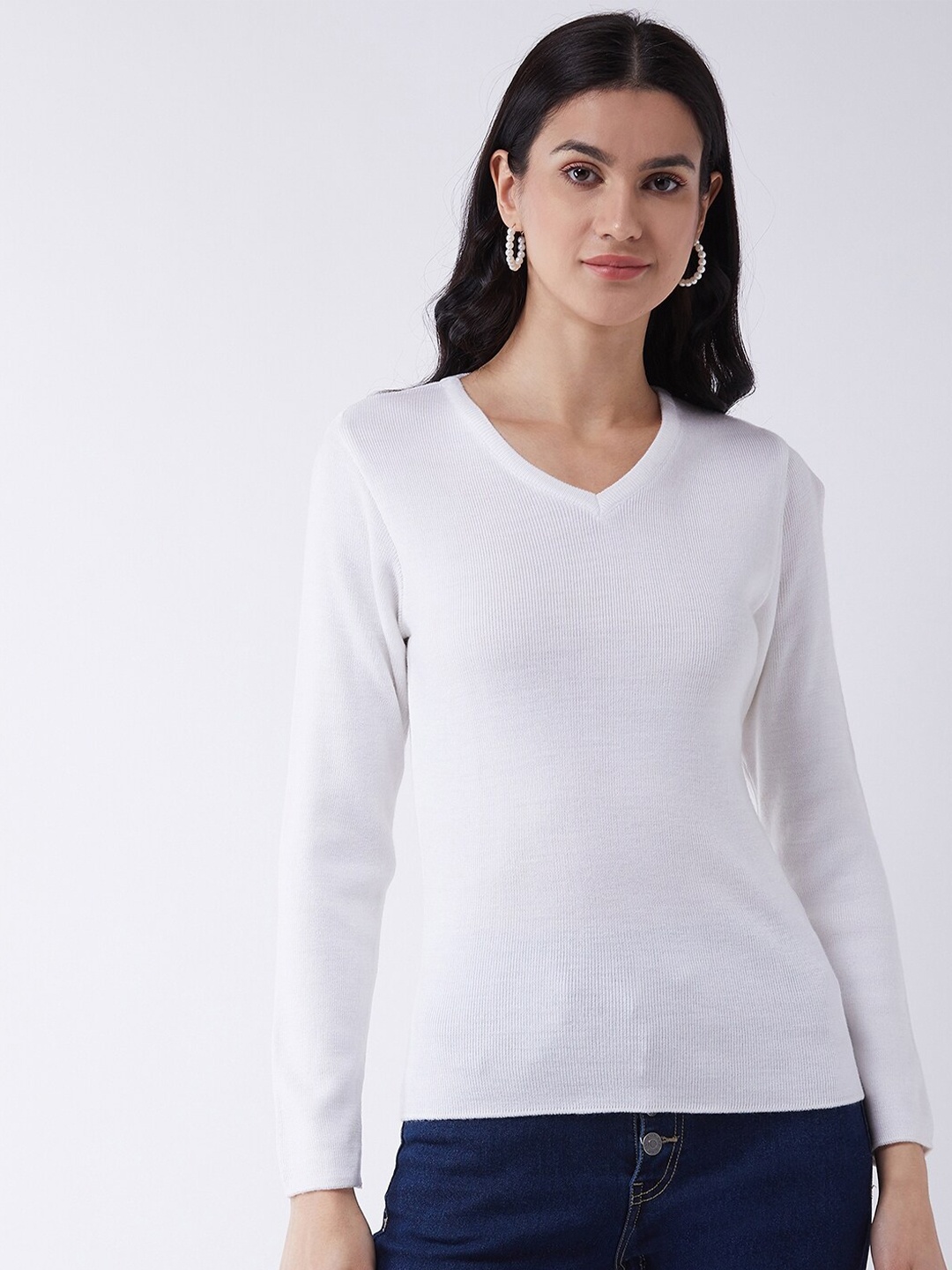 

RVK Women White Ribbed Pullover