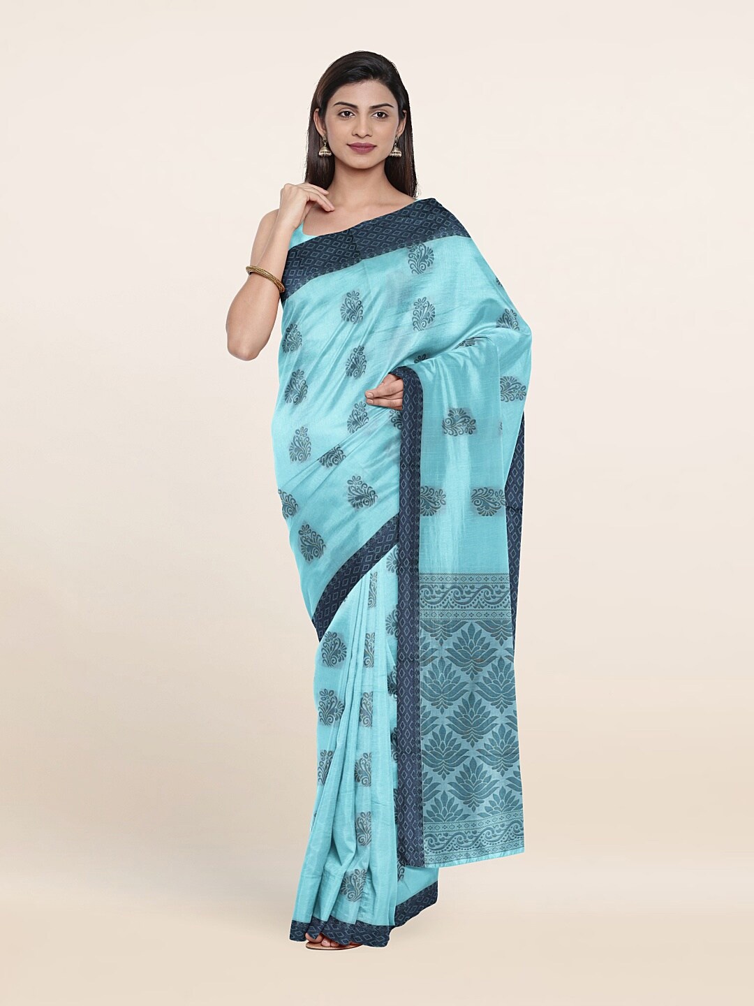

Pothys Turquoise Blue And Navy Blue Ethnic Motifs Woven Design Saree