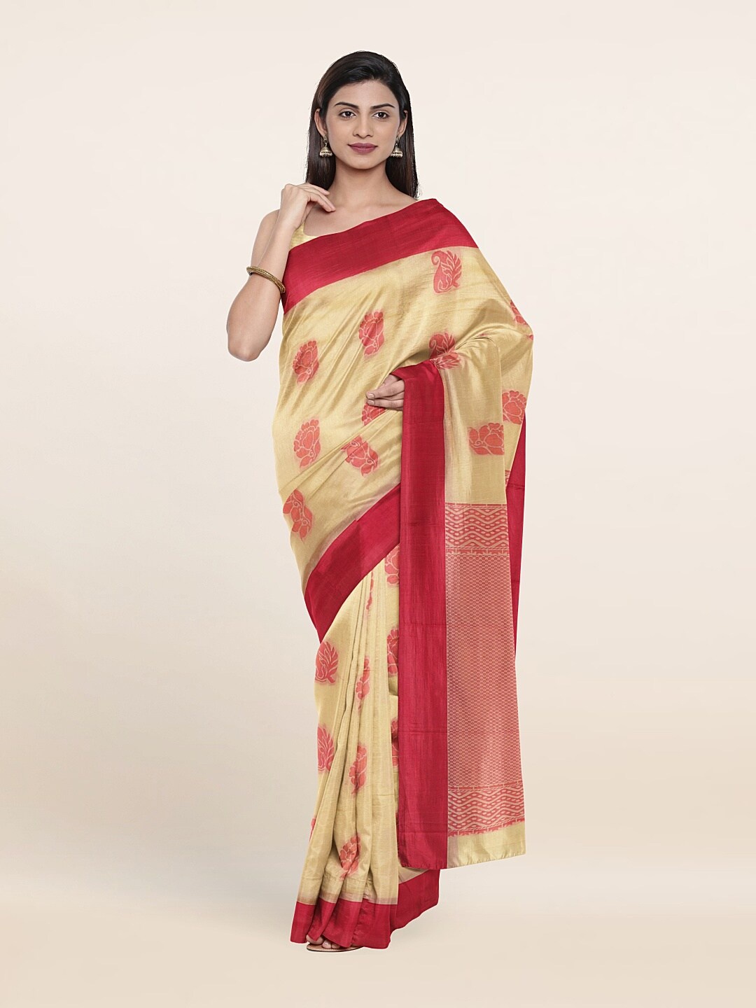 

Pothys Cream-Coloured & Pink Woven Design Silk Cotton Saree