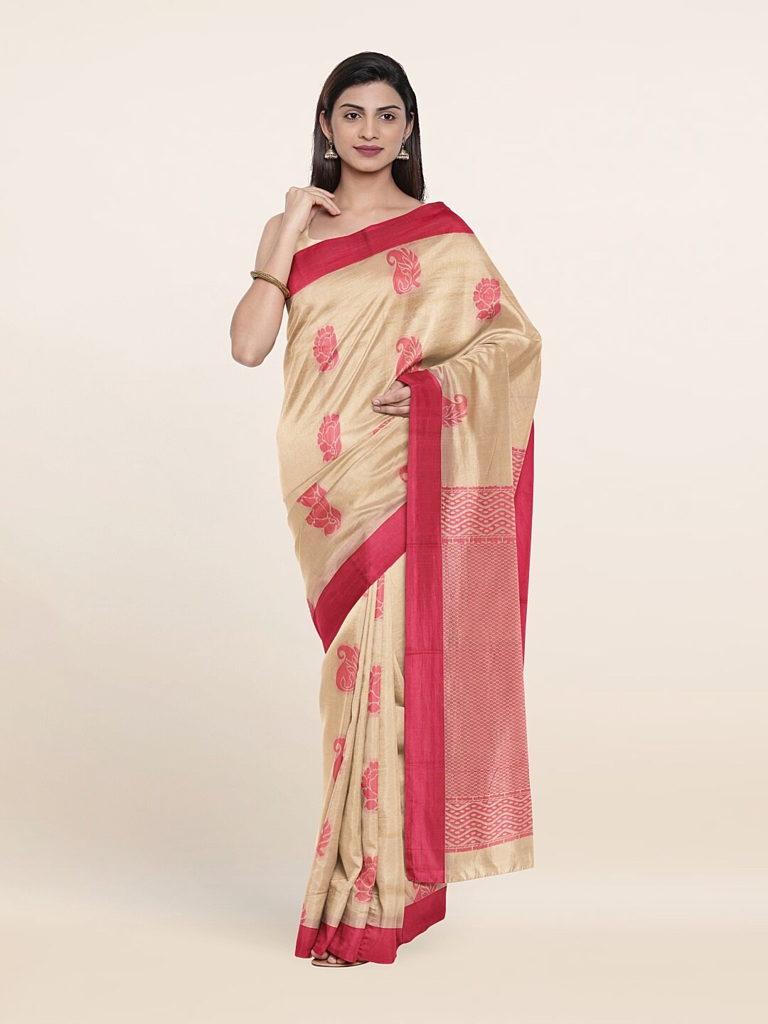 

Pothys Cream-Coloured & Pink Woven Design Silk Cotton Saree
