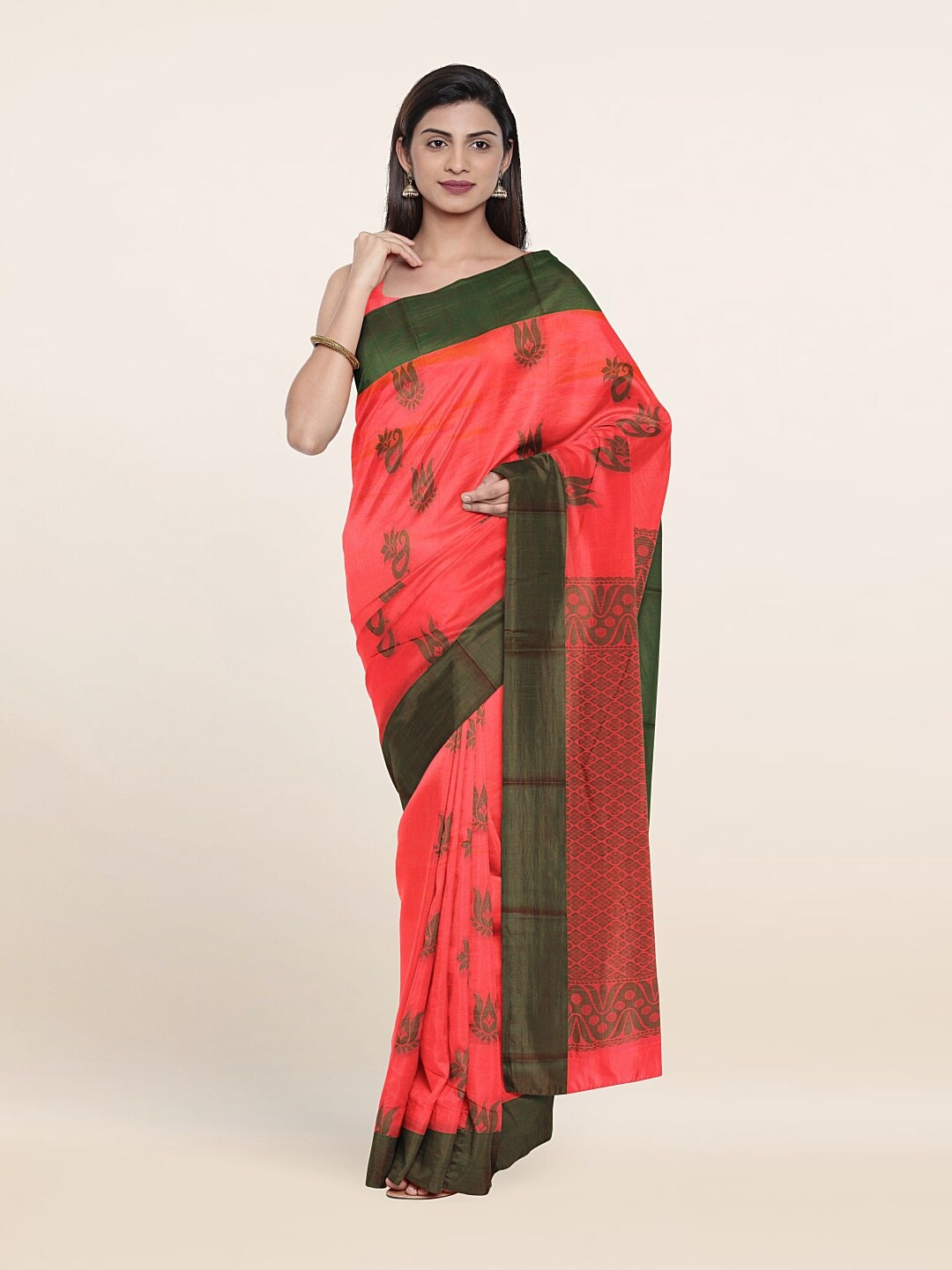 

Pothys Peach-Coloured & Green Woven Design Silk Cotton Saree