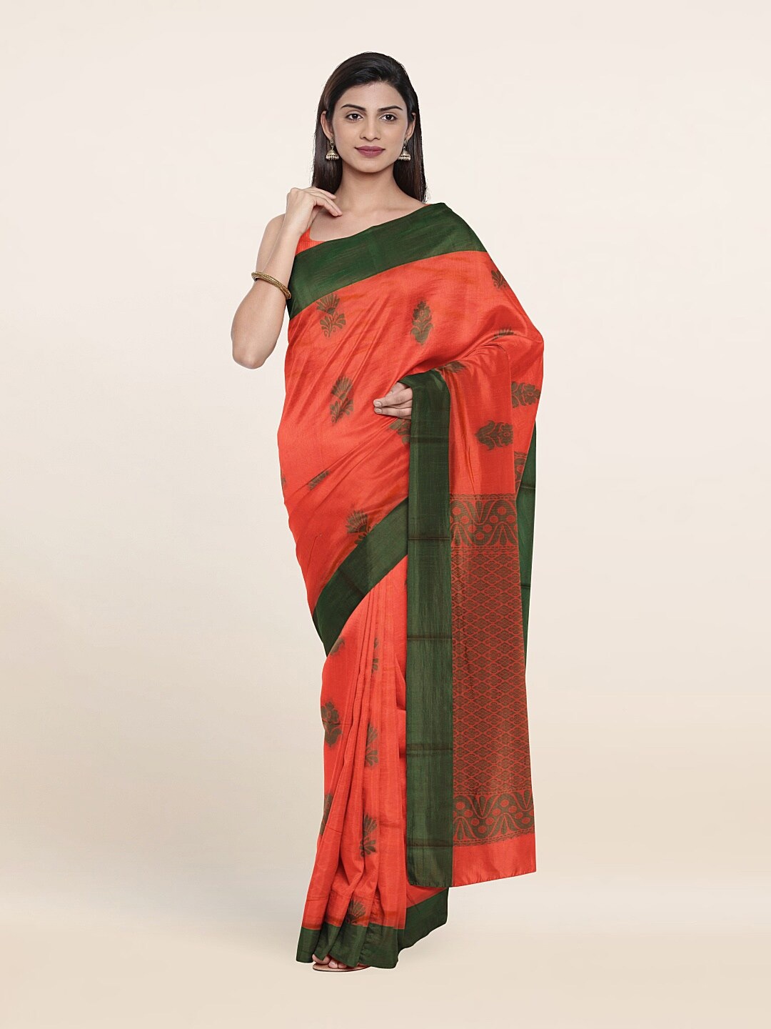 

Pothys Peach-Coloured & Green Woven Design Silk Cotton Saree