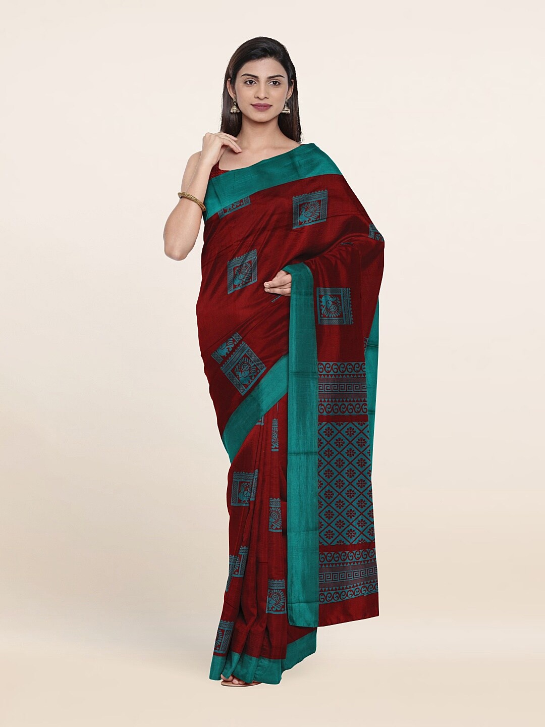 

Pothys Maroon & Green Ethnic Motif Silk Cotton Saree
