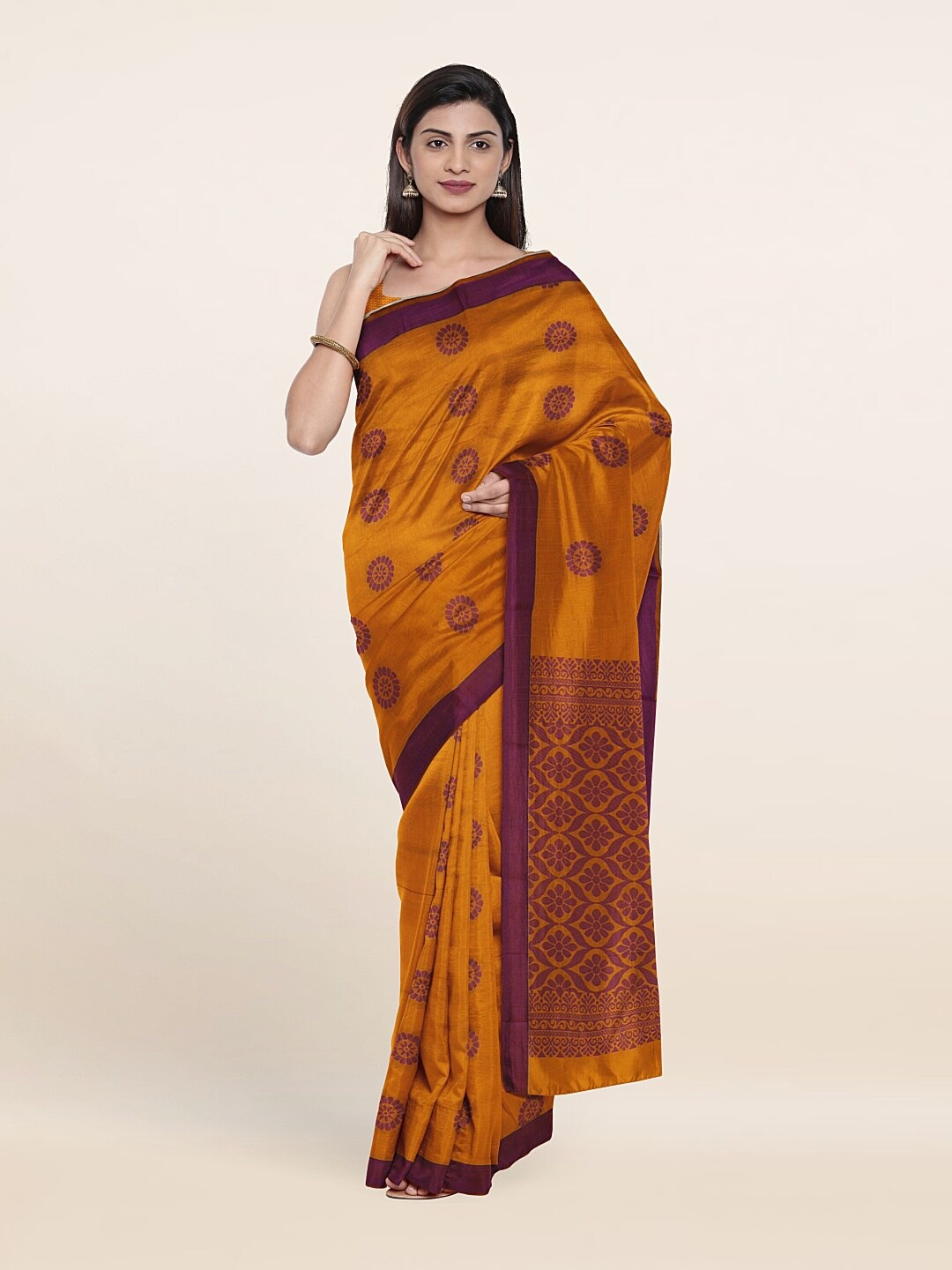 

Pothys Mustard & Purple Ethnic Motif Silk Cotton Saree