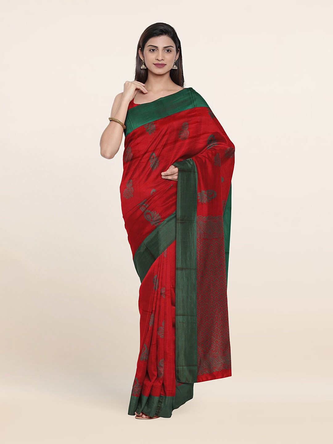 

Pothys Red & Green Ethnic Motif Silk Cotton Saree