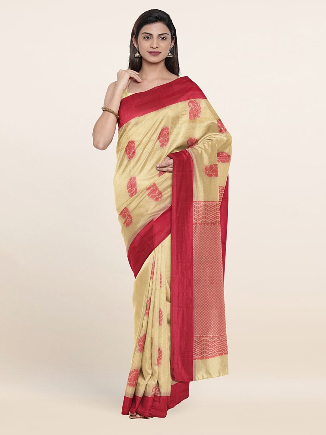 

Pothys Cream-Coloured & Pink Woven Design Silk Cotton Saree