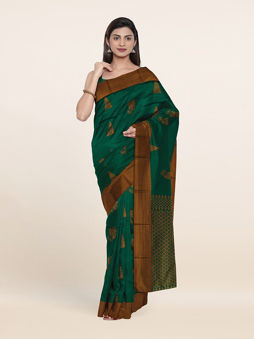 

Pothys Green & Brown Floral Silk Cotton Saree