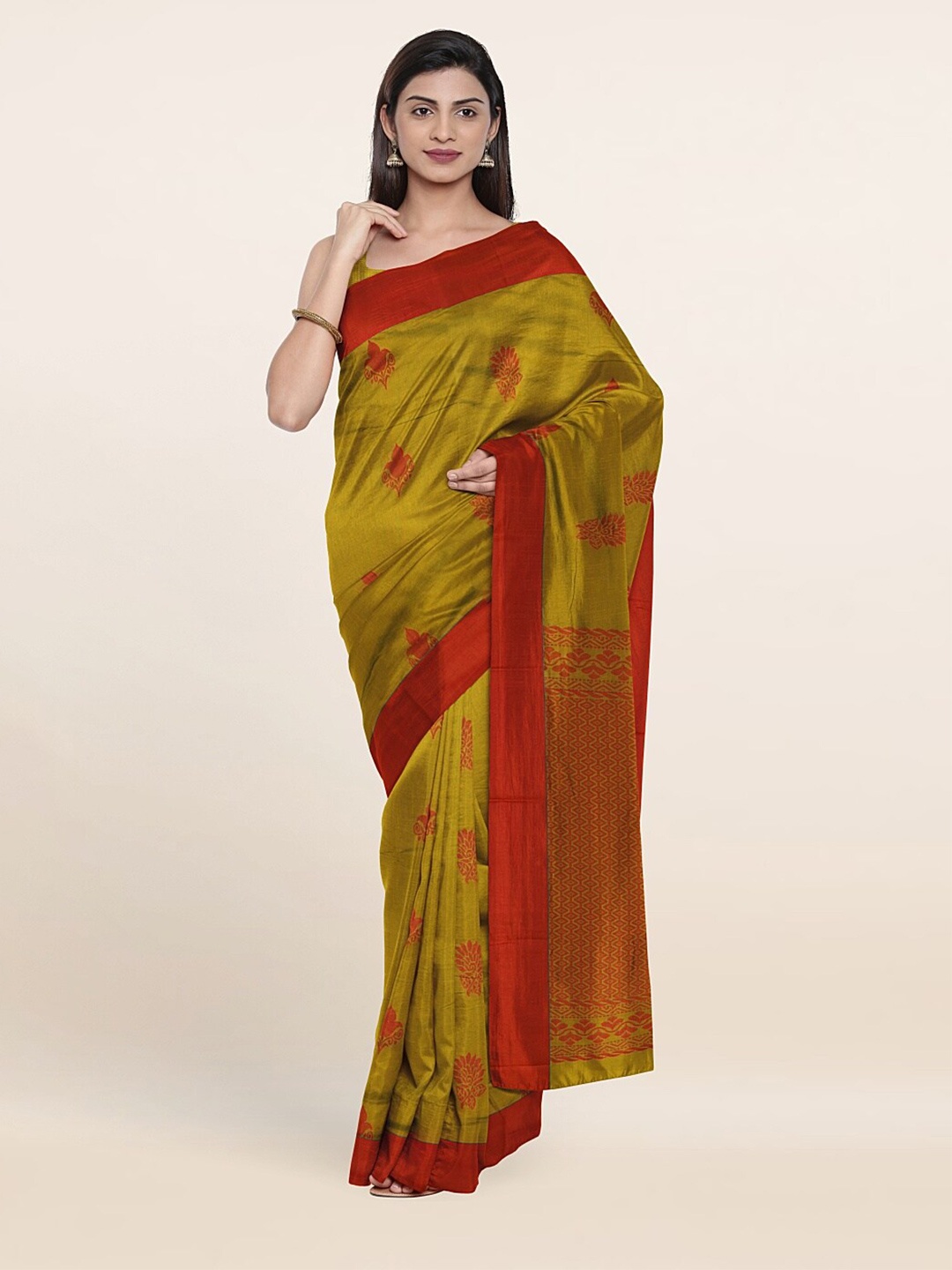 

Pothys Green & Orange Ethnic Motif Silk Cotton Saree