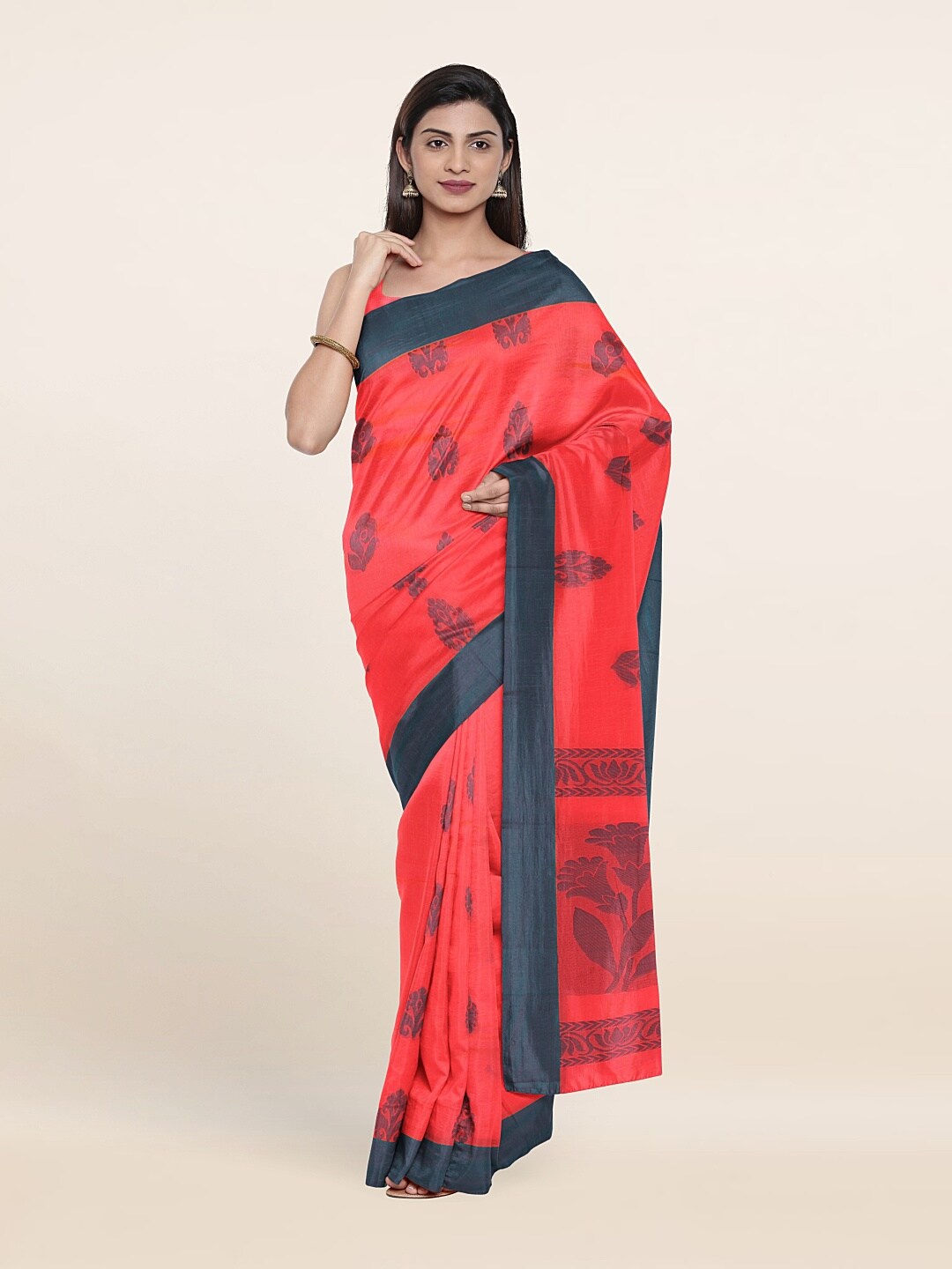 

Pothys Peach-Coloured & Blue Ethnic Motifs Silk Cotton Saree