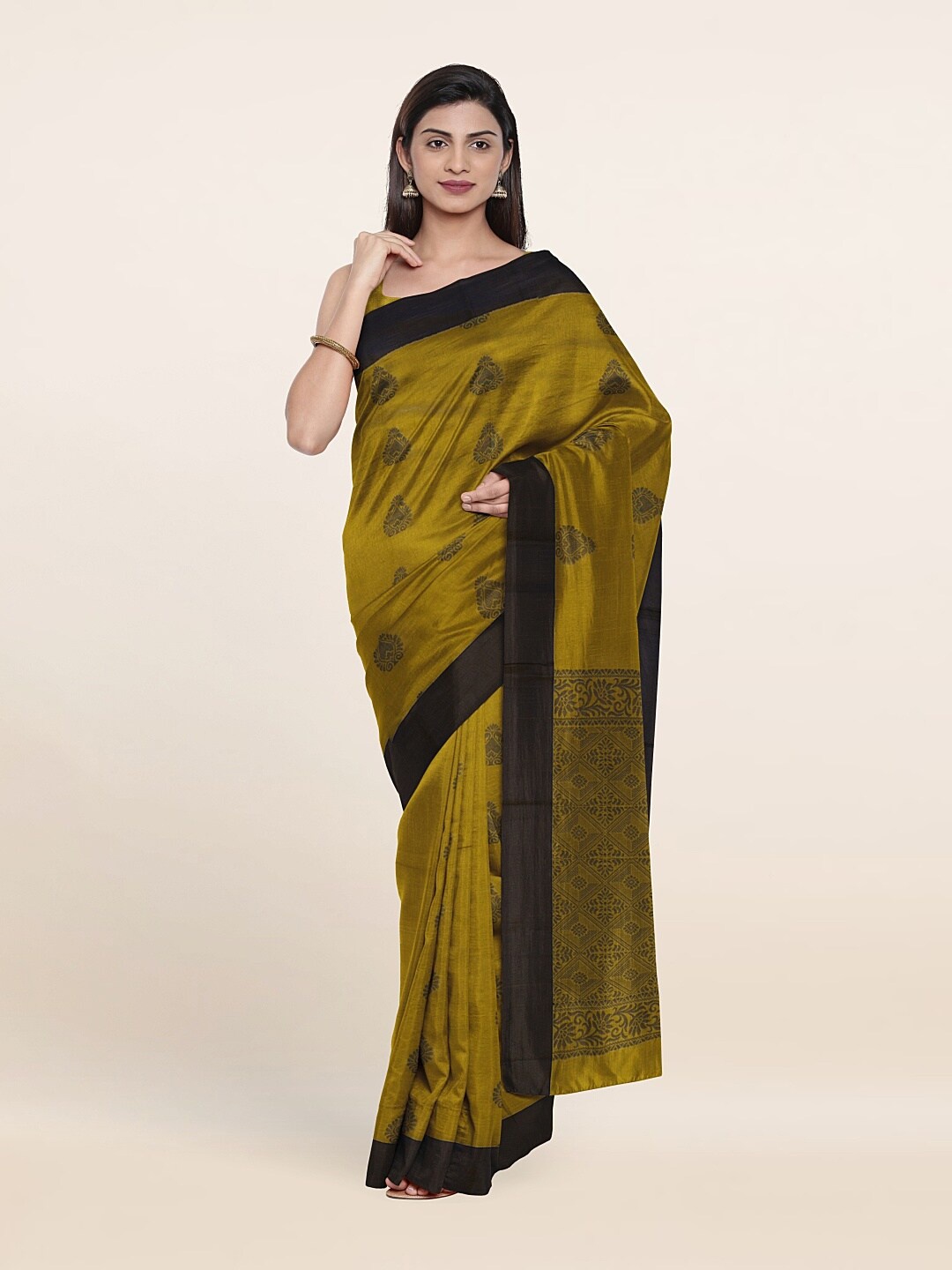 

Pothys Olive Green & Blue Ethnic Motifs Silk Cotton Saree