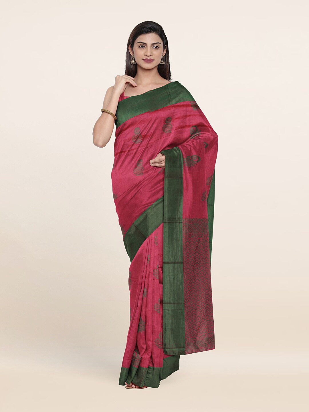 

Pothys Pink & Green Ethnic Motifs Silk Cotton Saree
