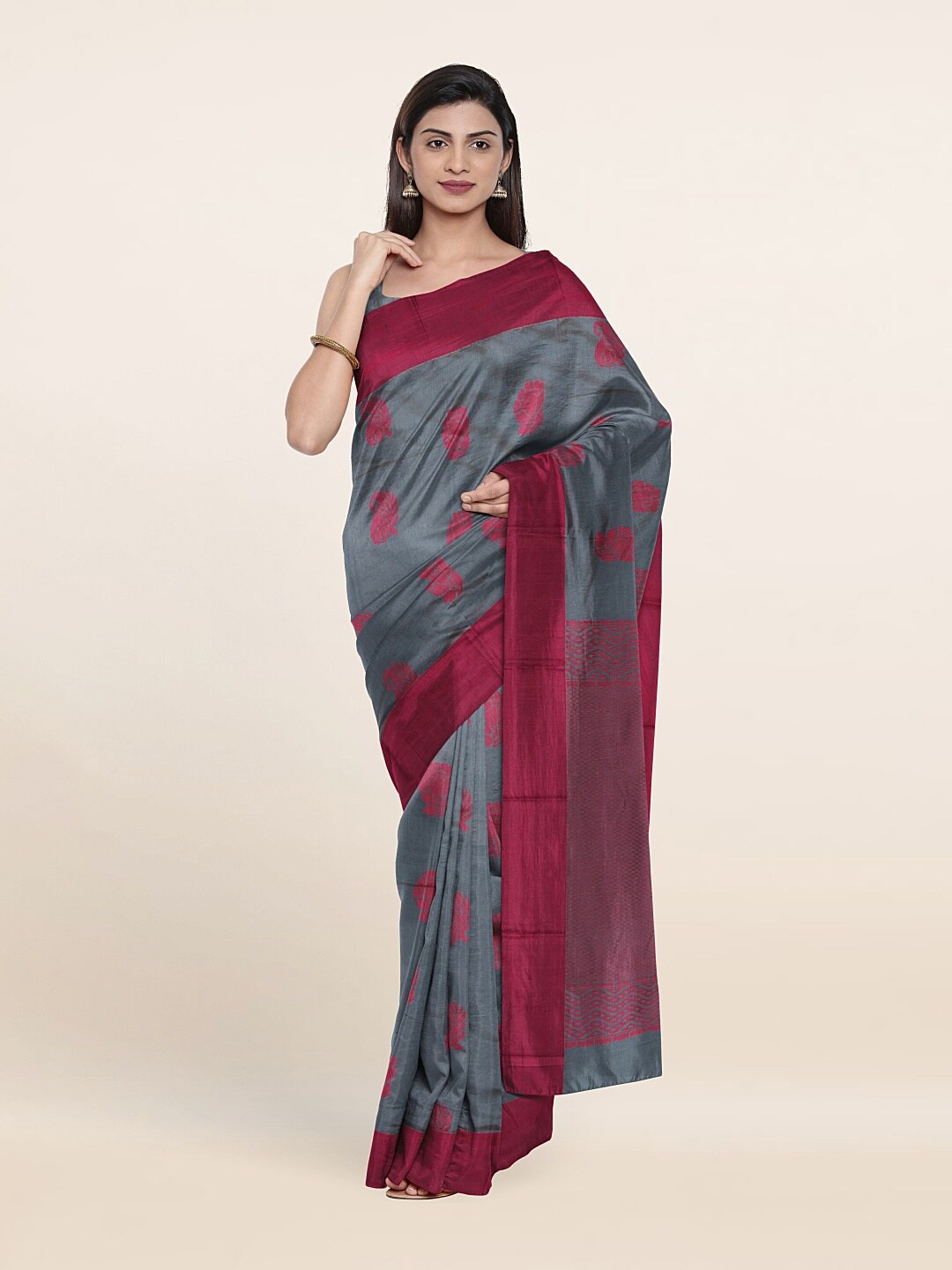 

Pothys Grey & Maroon Ethnic Motifs Silk Cotton Saree