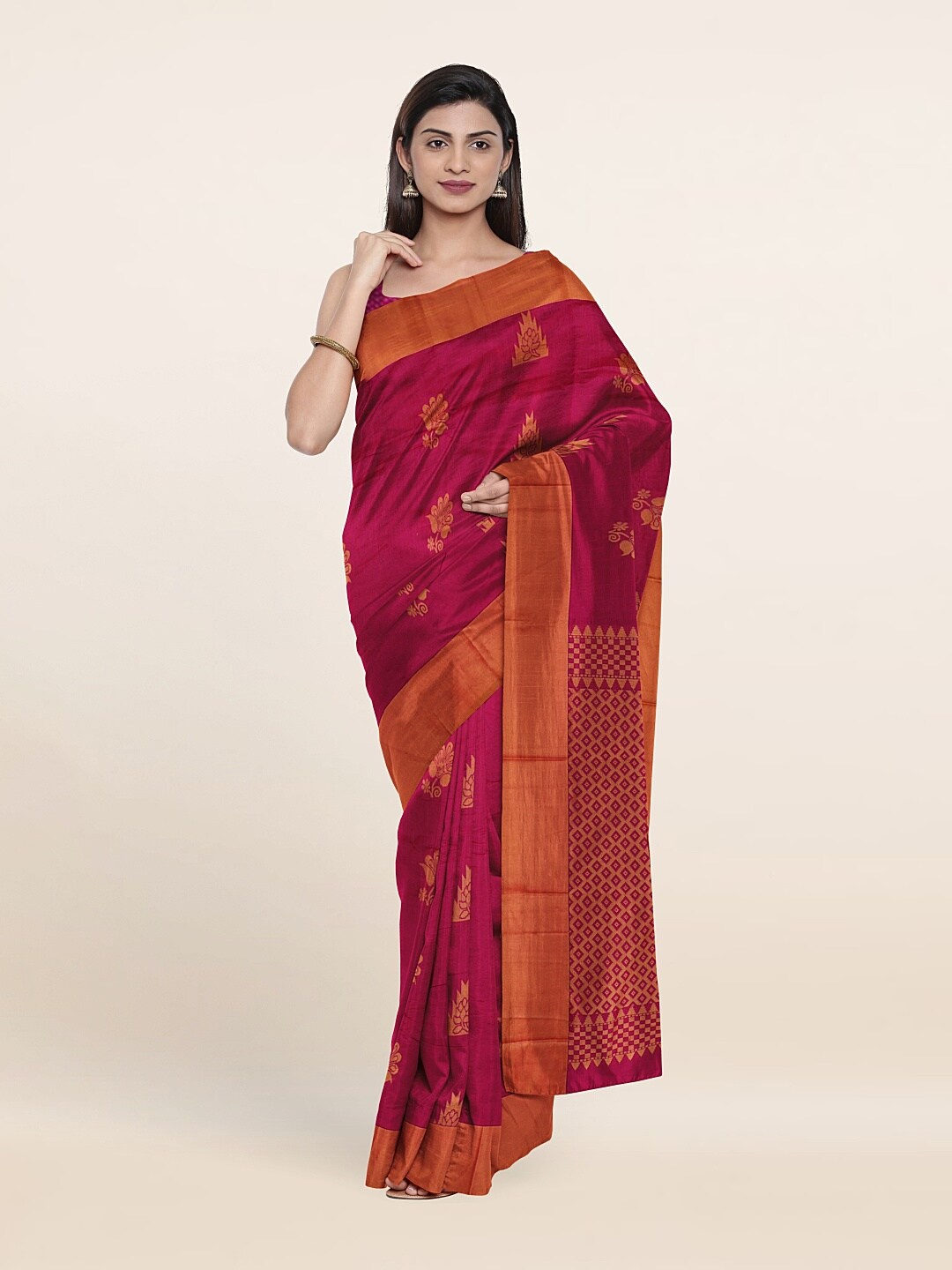 

Pothys Purple & Orange Ethnic Motifs Silk Cotton Saree