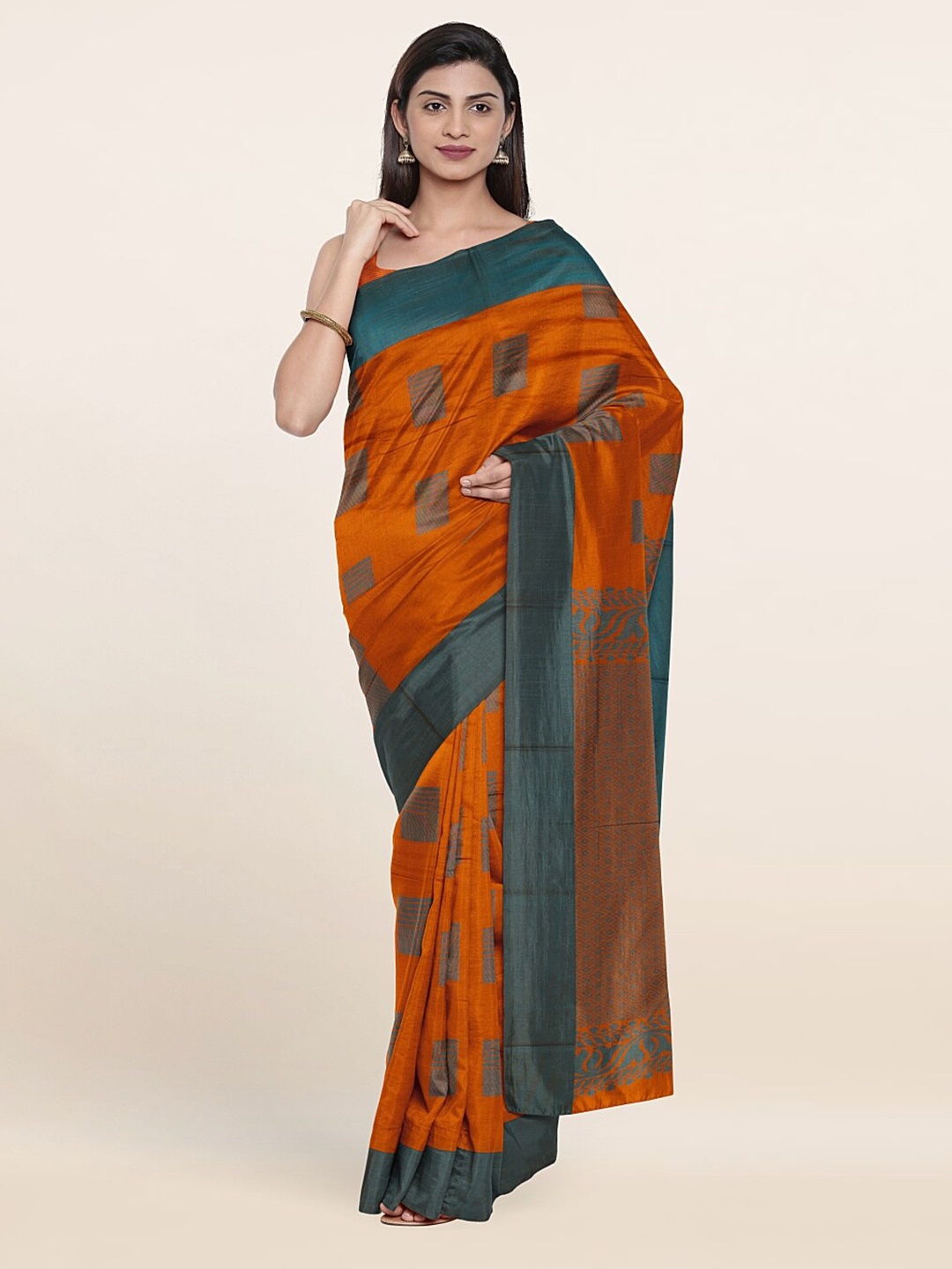 

Pothys Orange & Blue Woven Design Silk Cotton Saree