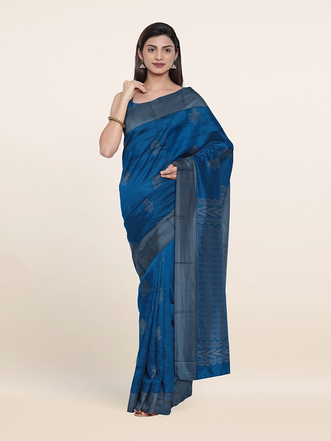 

Pothys Blue & Grey Ethnic Motifs Silk Cotton Saree