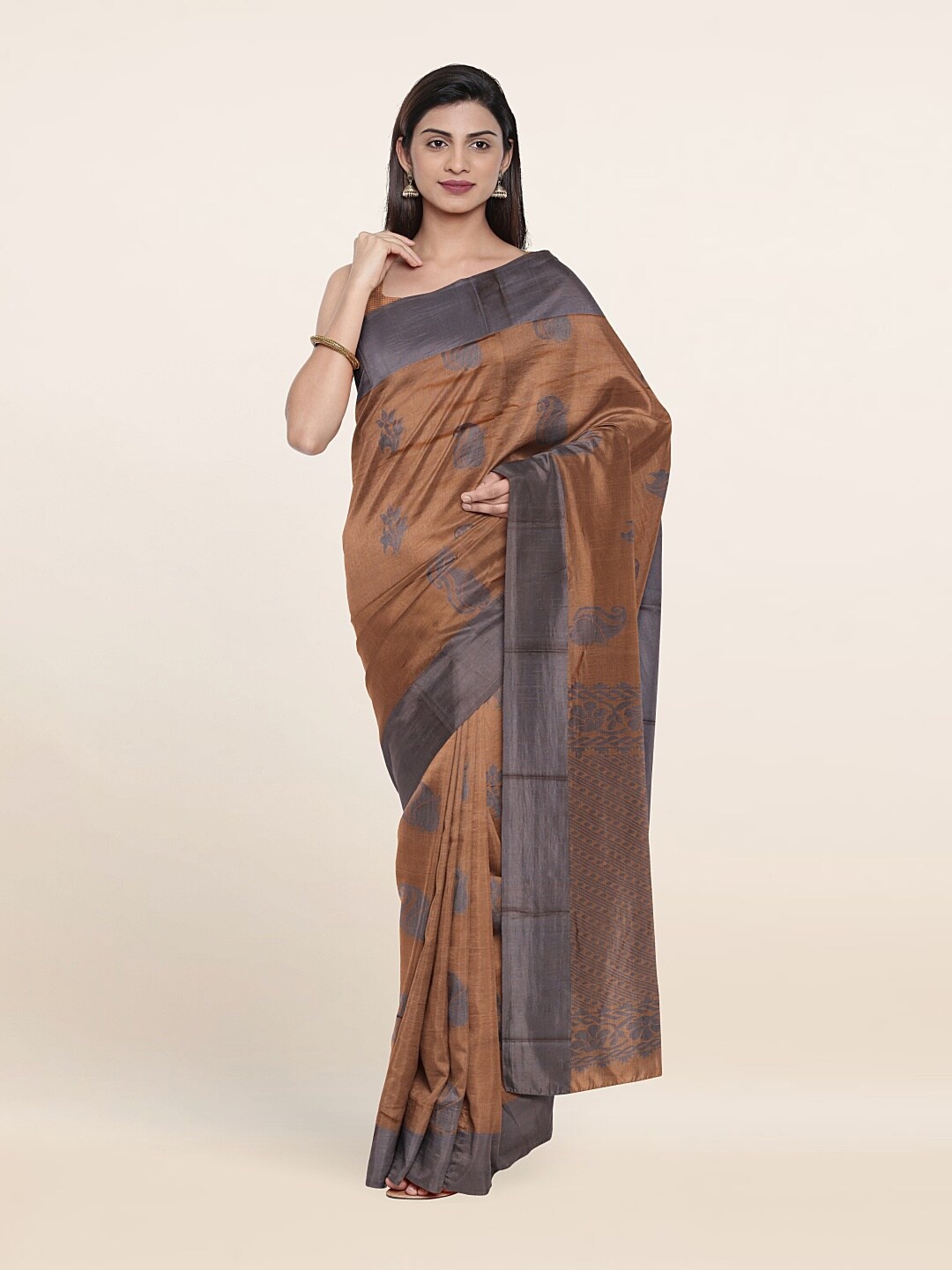 

Pothys Peach-Coloured & Grey Woven Design Silk Cotton Saree