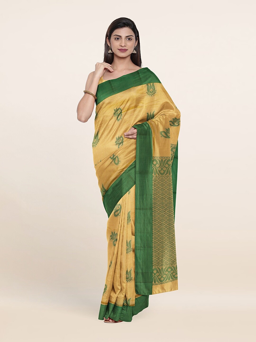 

Pothys Cream-Coloured & Green Ethnic Motifs Silk Cotton Saree