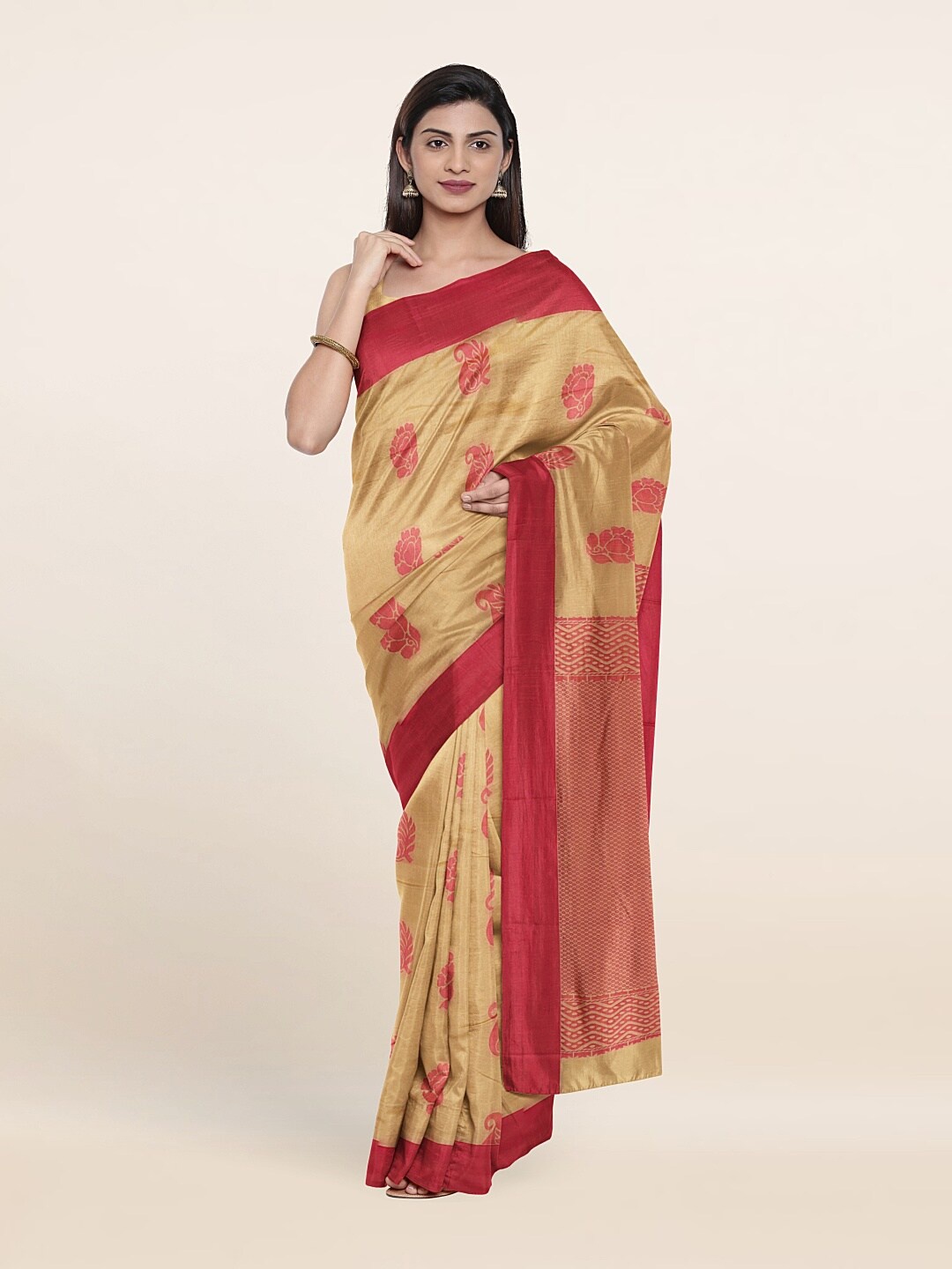 

Pothys Beige & Red Ethnic Motifs Silk Cotton Saree