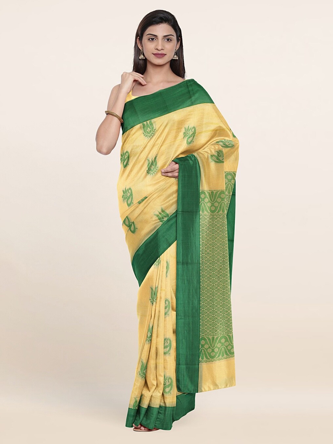 

Pothys Cream-Coloured & Green Woven Design Silk Cotton Saree
