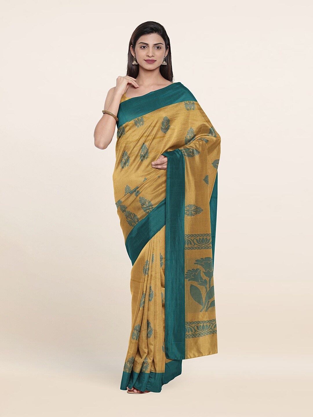 

Pothys Cream-Coloured & Green Woven Design Silk Cotton Saree