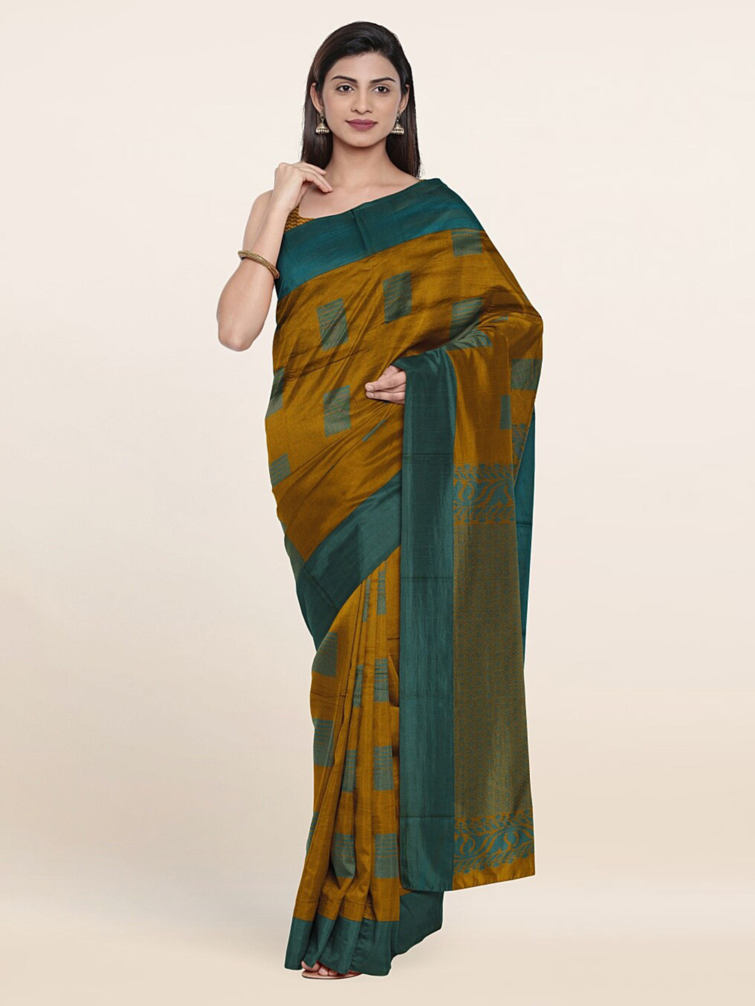 

Pothys Olive Green & Green Ethnic Motif Silk Cotton Saree