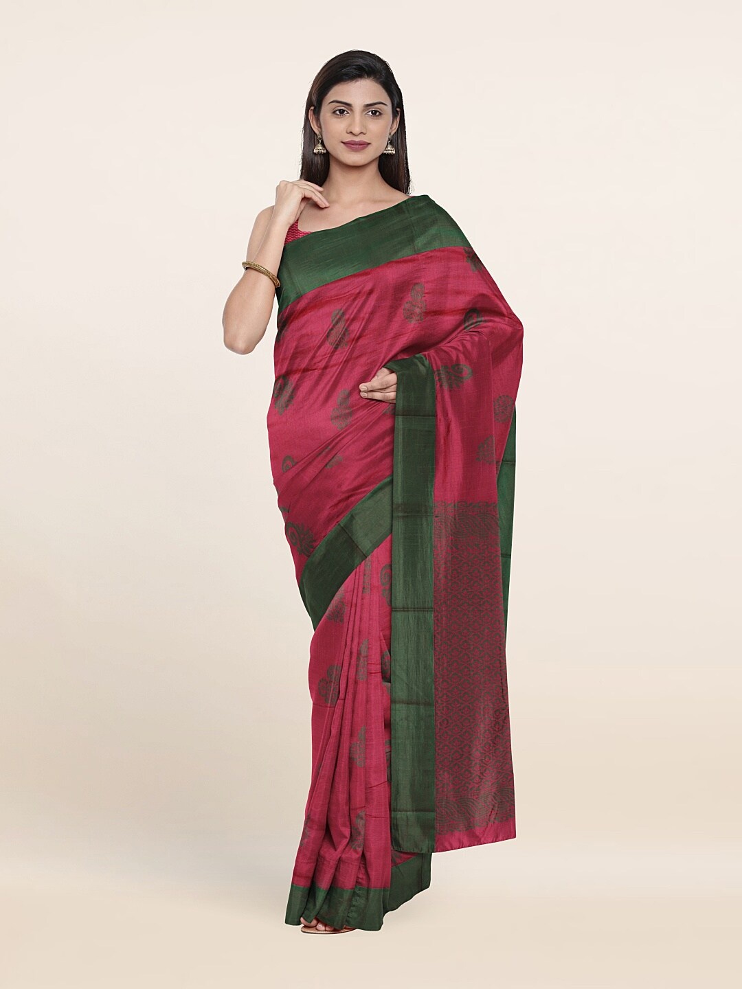 

Pothys Pink & Green Floral Silk Cotton Saree