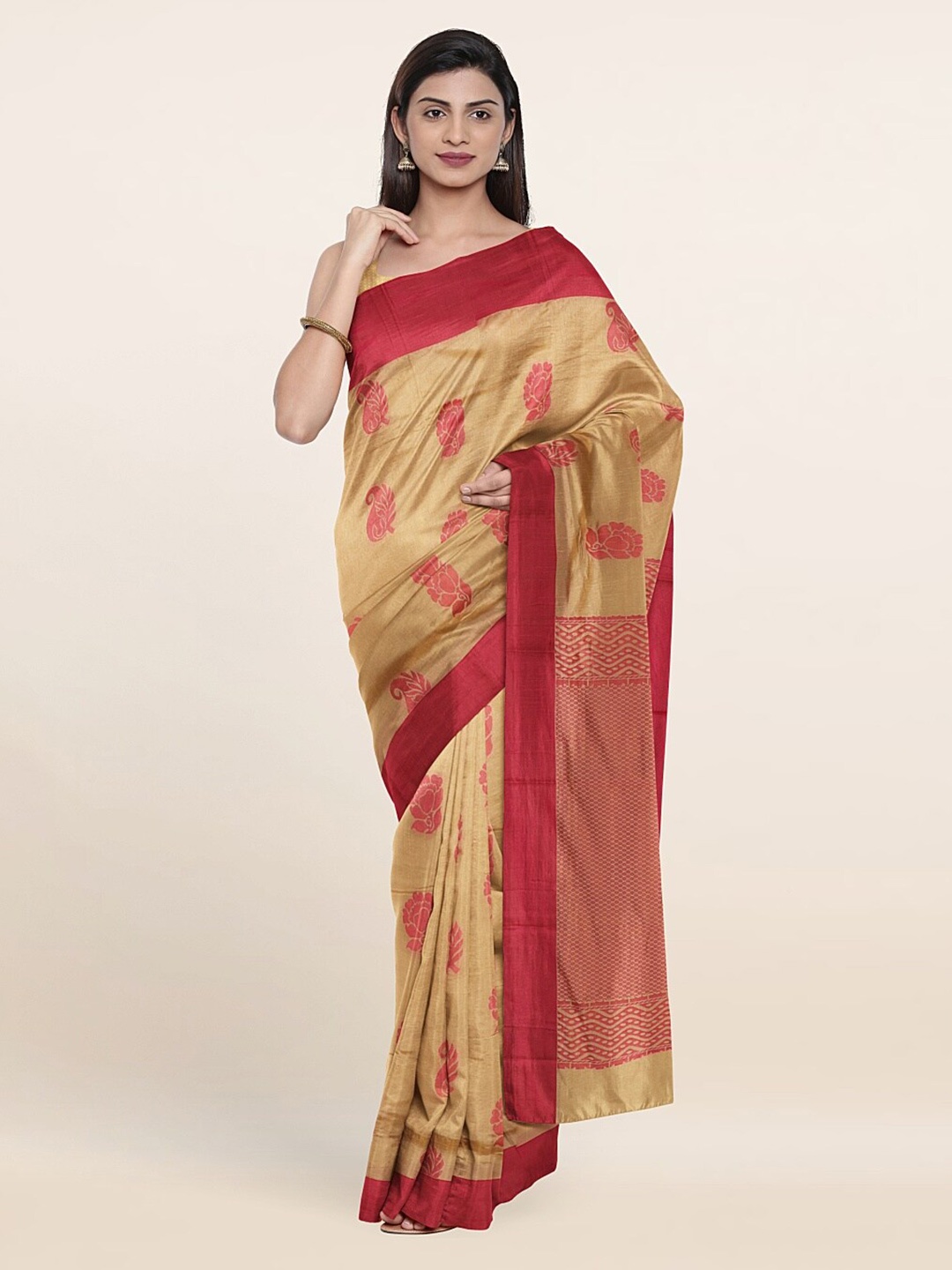 

Pothys Cream-Coloured & Pink Floral Silk Cotton Saree