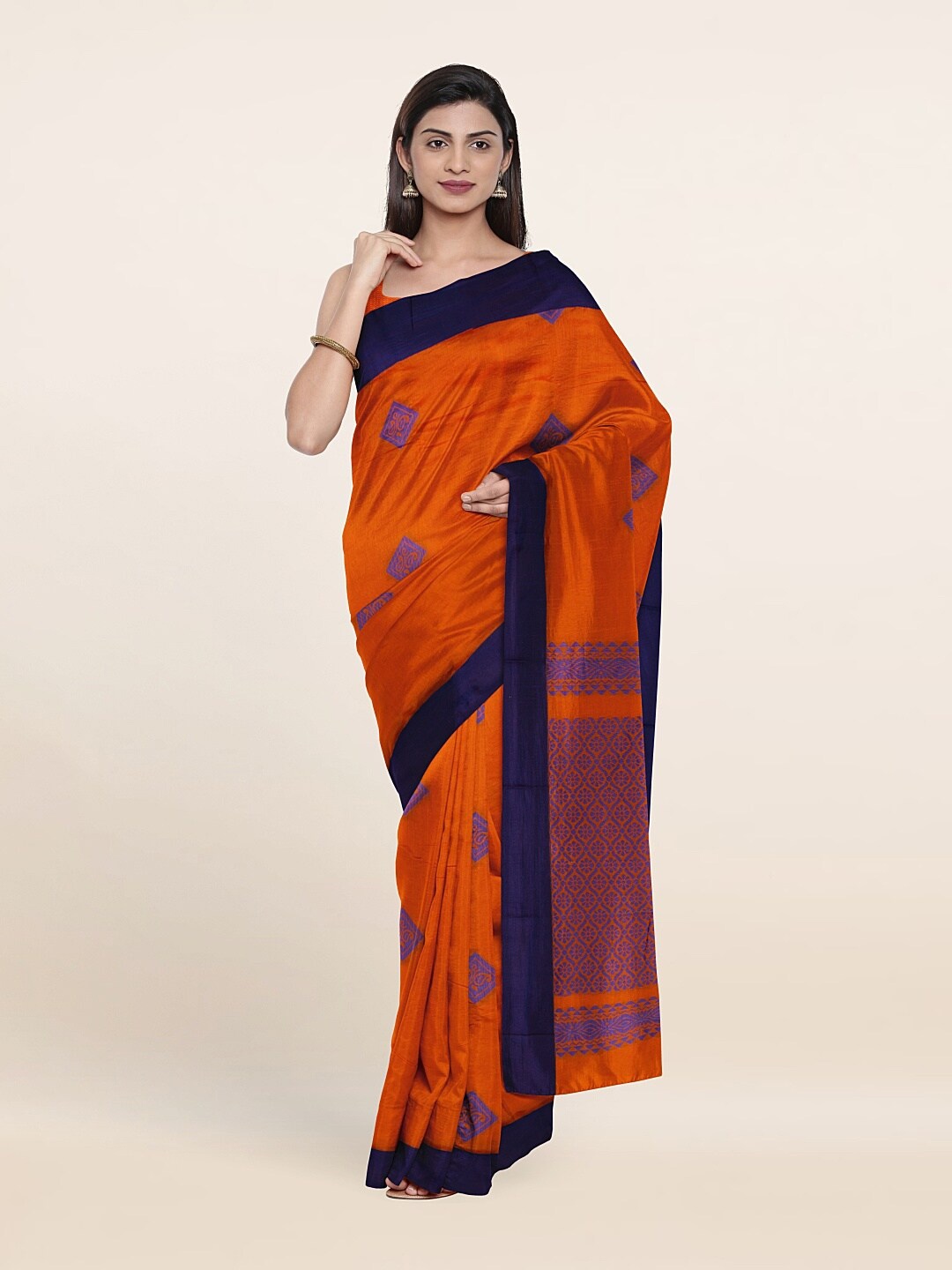 

Pothys Orange & Blue Ethnic Motif Silk Cotton Saree