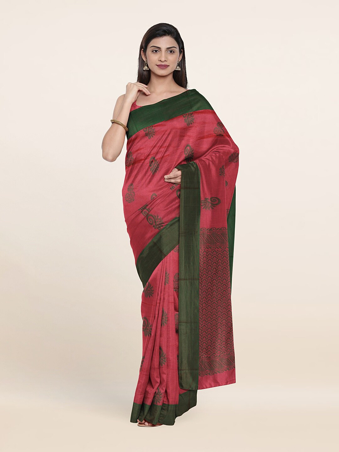 

Pothys Pink & Green Ethnic Motif Silk Cotton Saree