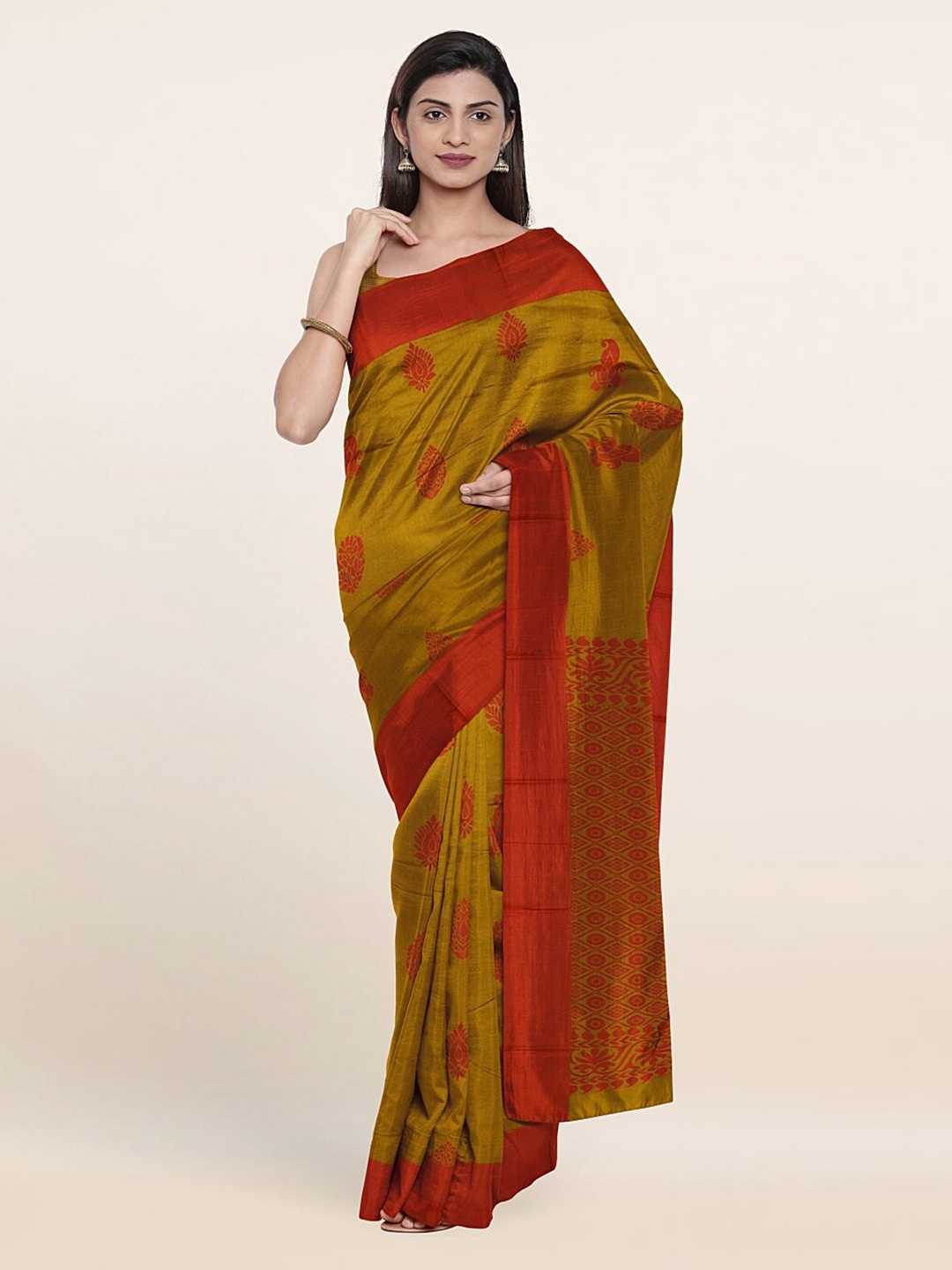 

Pothys Mustard & Red Floral Silk Cotton Saree