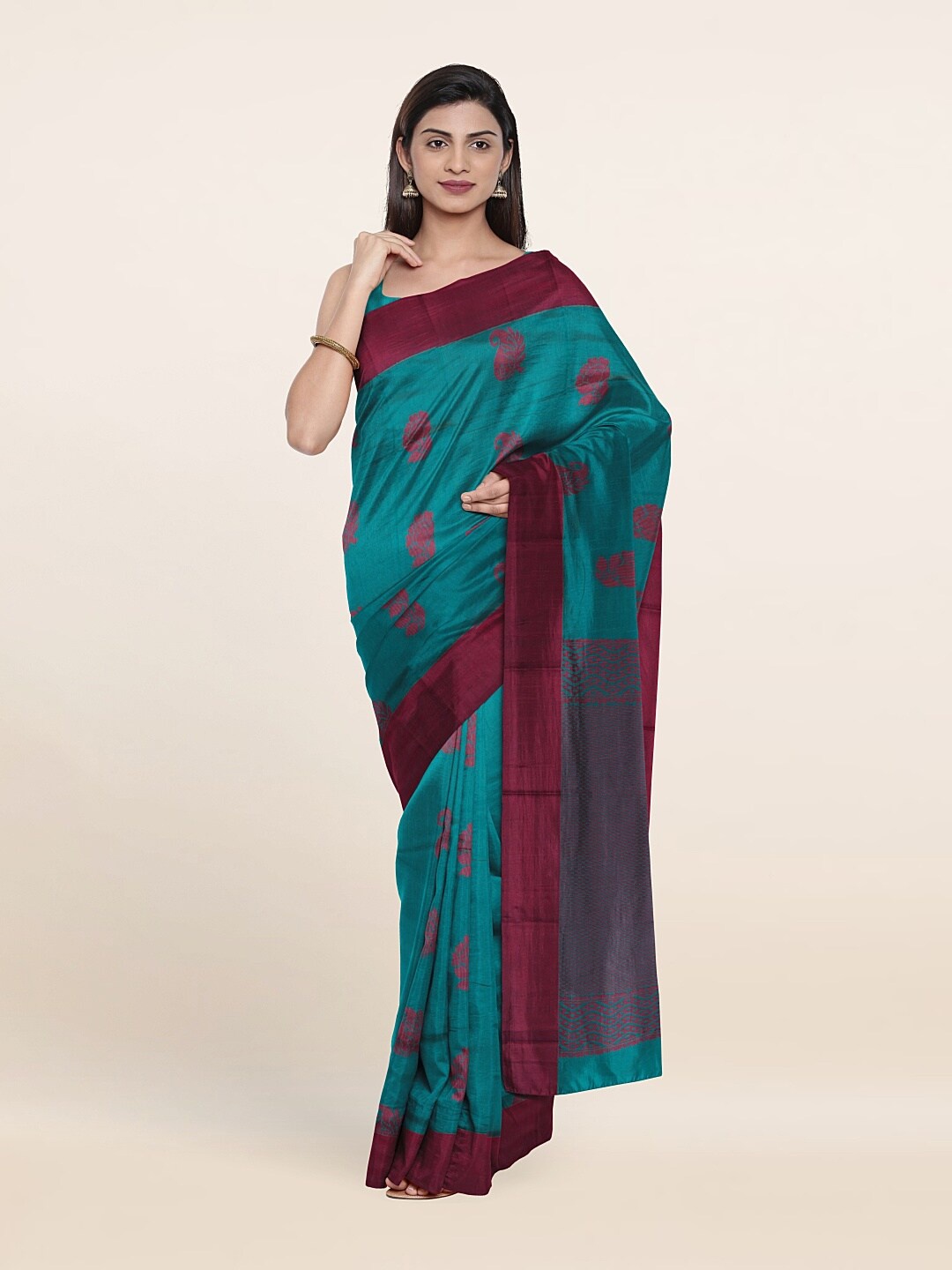 

Pothys Blue & Burgundy Ethnic Motifs Silk Cotton Saree