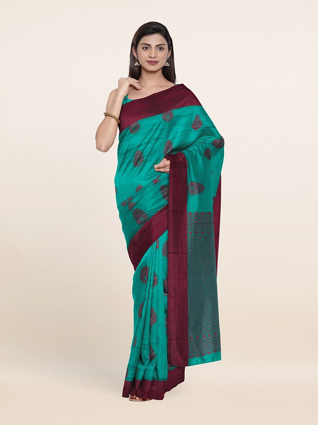 

Pothys Green & Burgundy Ethnic Motifs Silk Cotton Saree