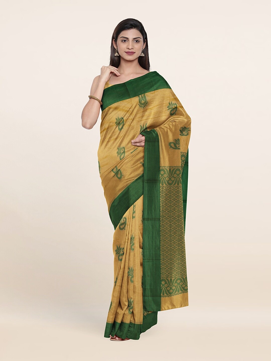 

Pothys Cream-Coloured & Green Ethnic Motifs Silk Cotton Saree