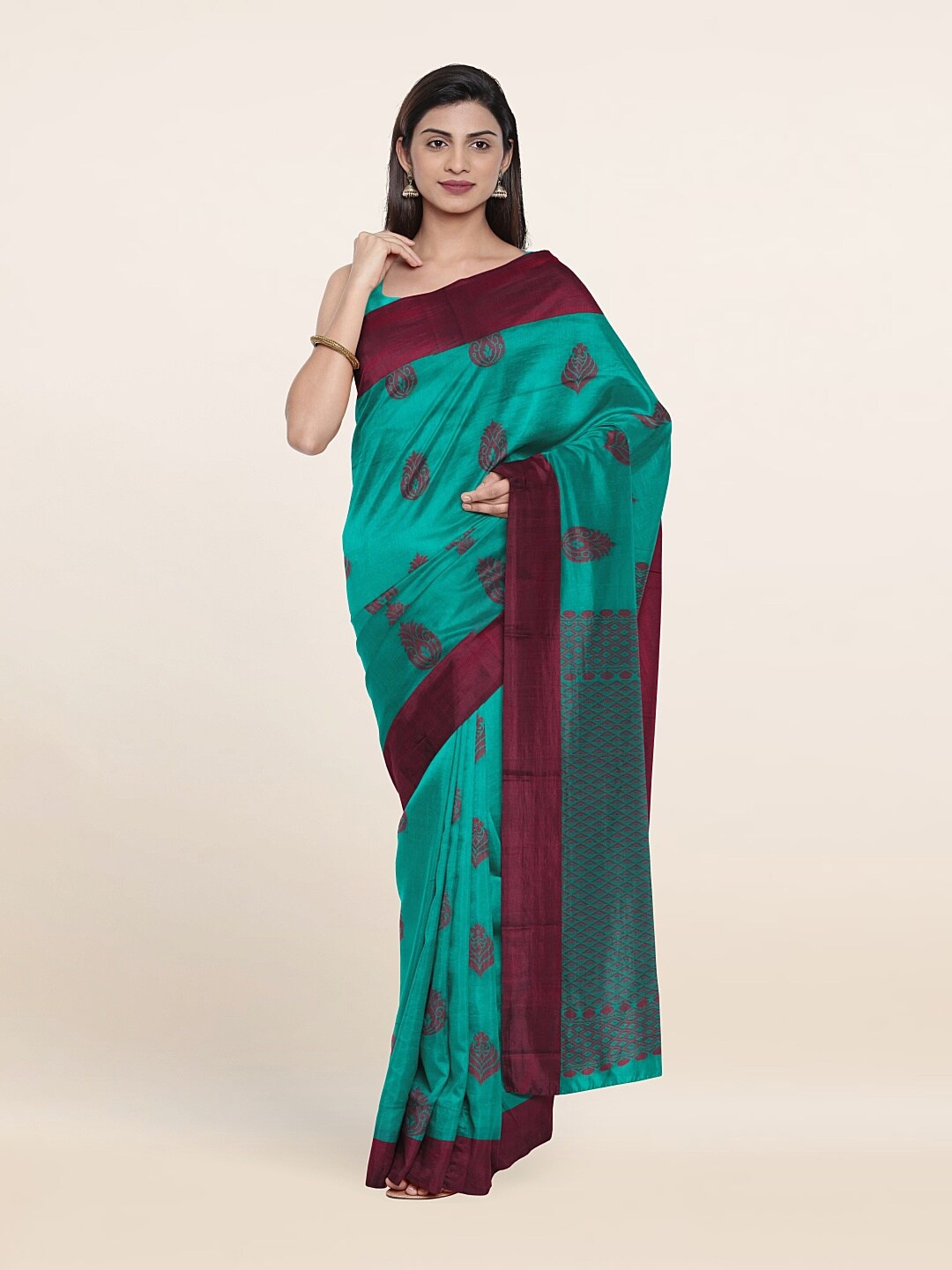 

Pothys Green & Burgundy Ethnic Motifs Silk Cotton Saree