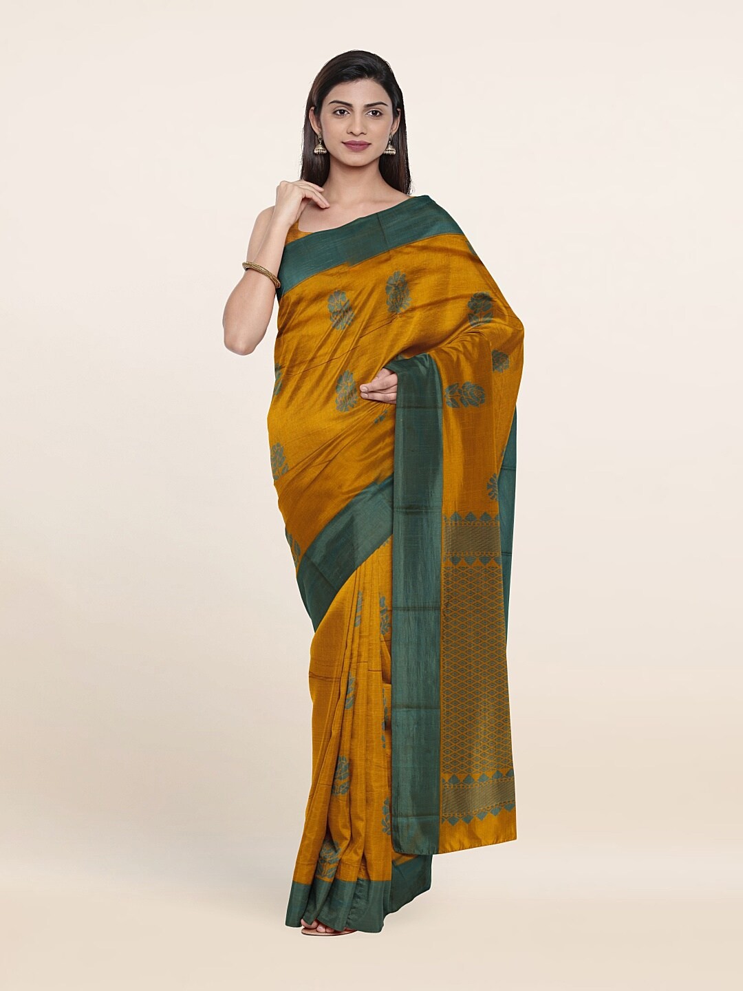 

Pothys Mustard & Green Ethnic Motifs Silk Cotton Saree