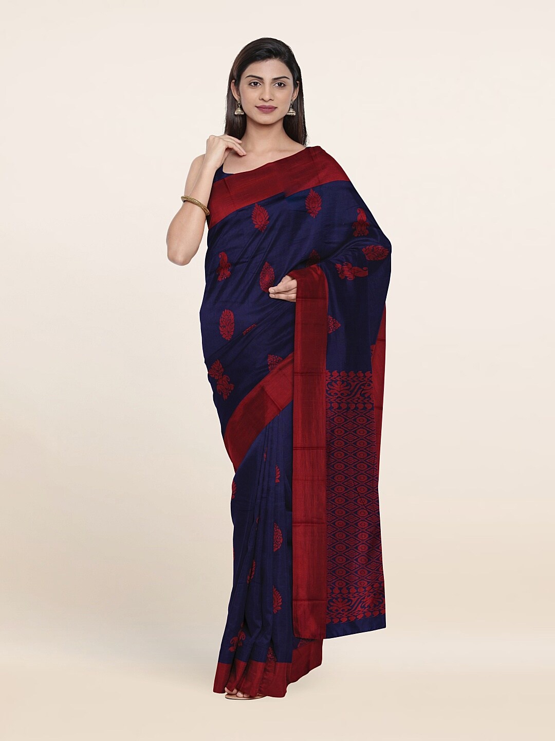 

Pothys Navy Blue & Maroon Ethnic Motifs Silk Cotton Saree