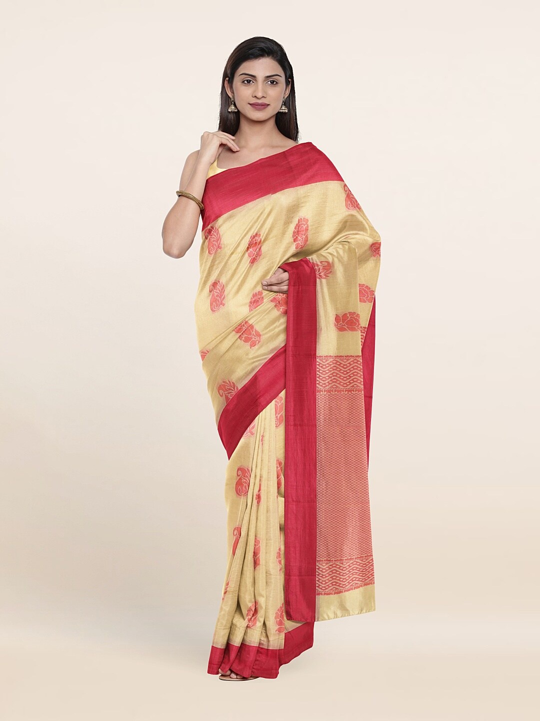 

Pothys Cream-Coloured & Pink Ethnic Motifs Silk Cotton Saree