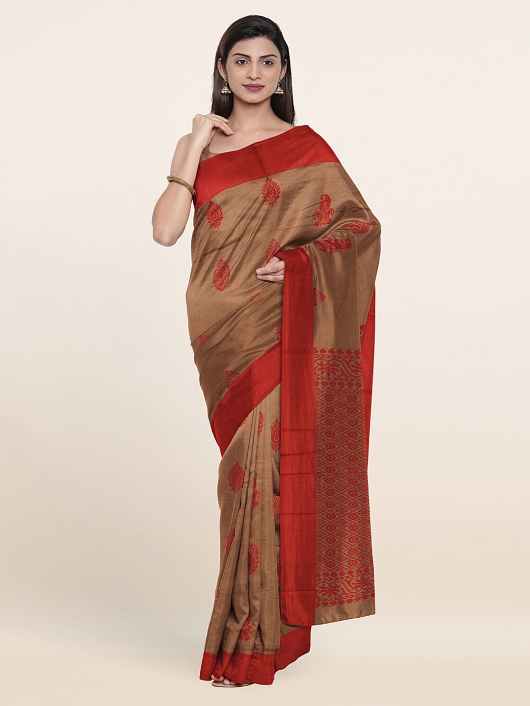 

Pothys Beige & Red Woven Design Silk Cotton Saree