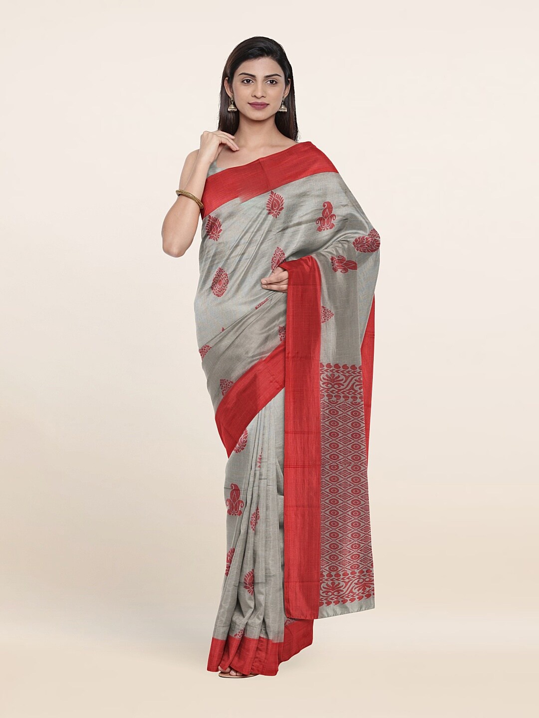 

Pothys Grey & Orange Ethnic Motifs Silk Cotton Saree