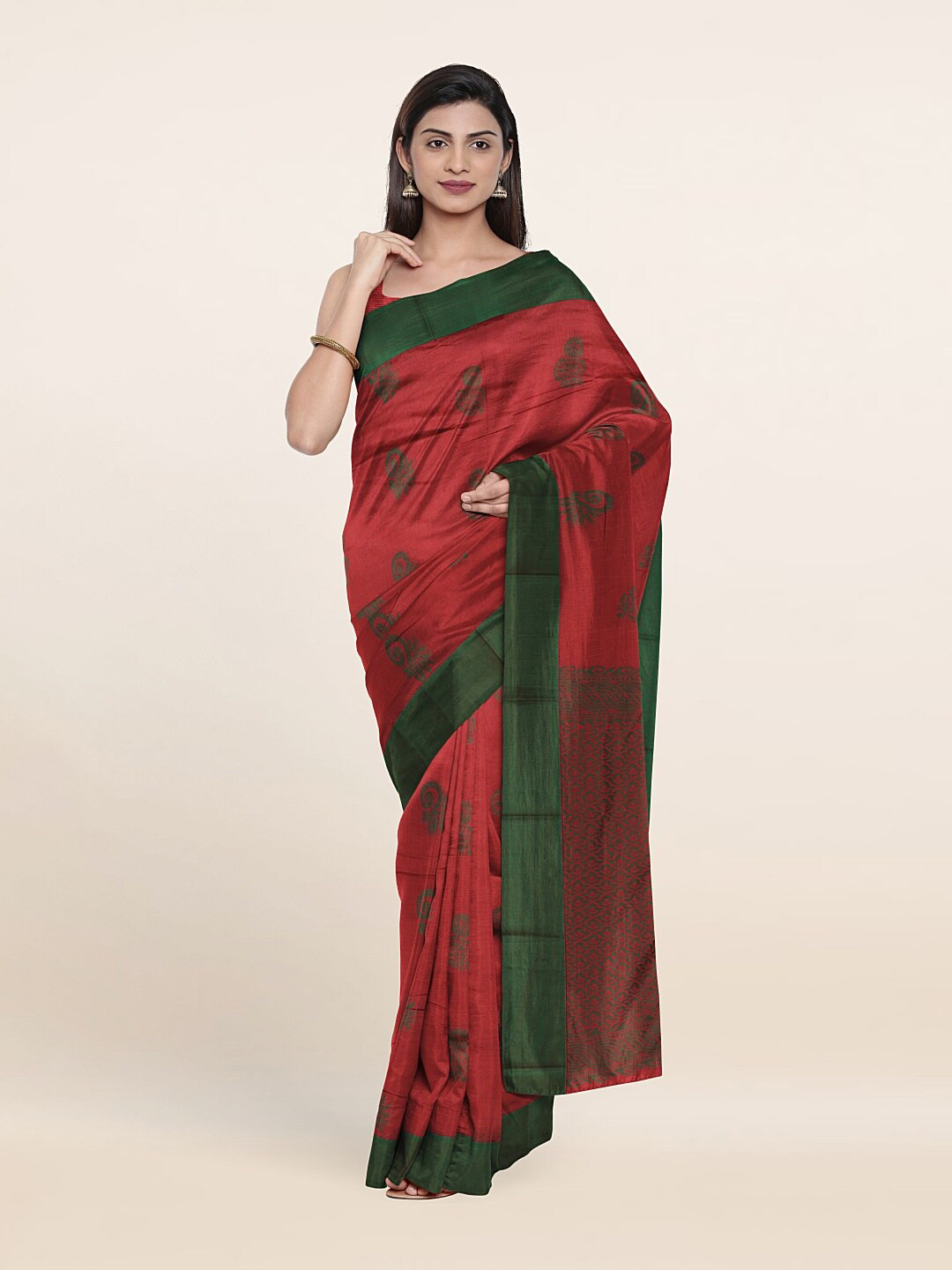 

Pothys Pink & Green Floral Silk Cotton Saree