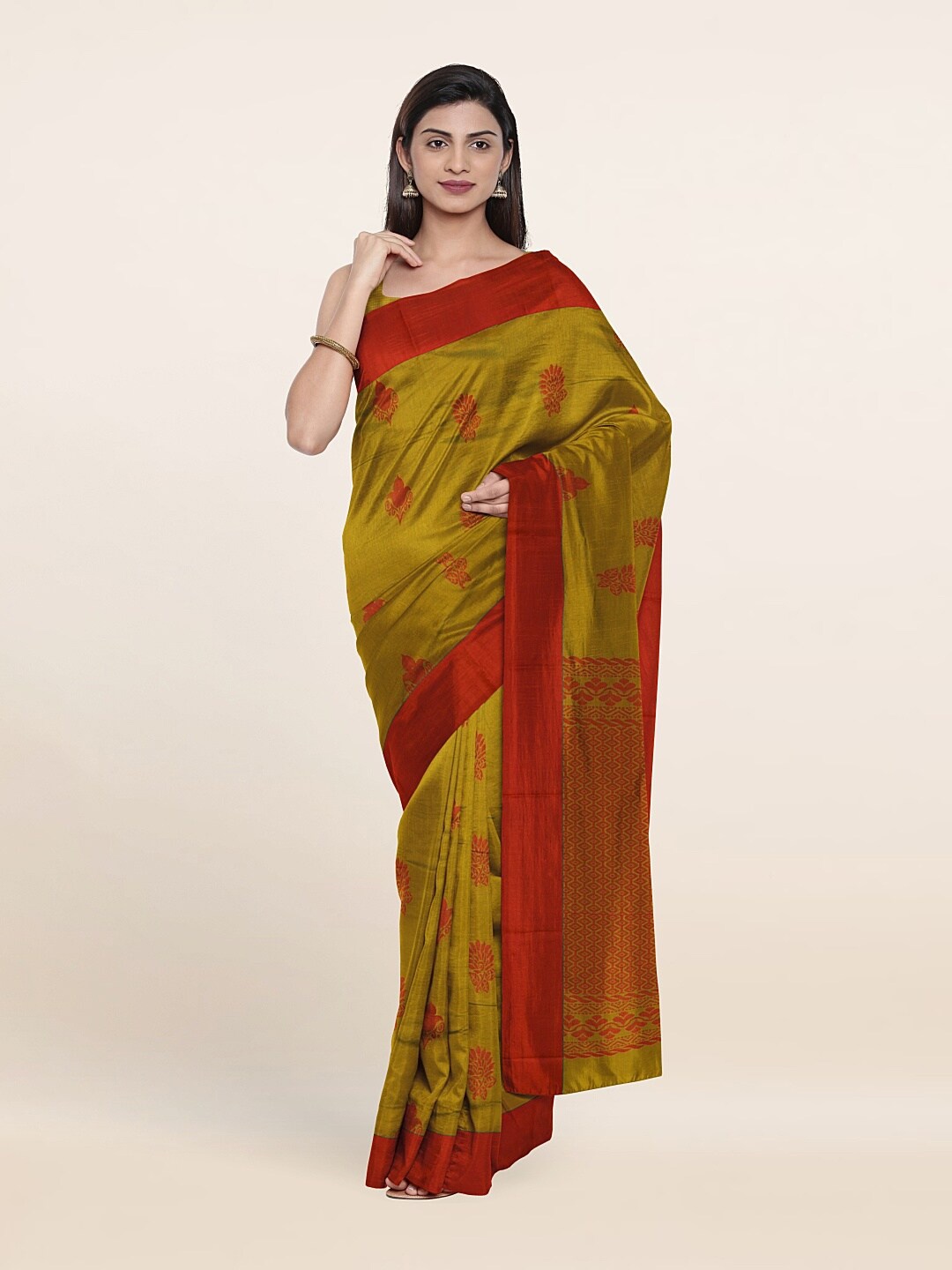 

Pothys Olive Green & Brown Woven Design Silk Cotton Saree
