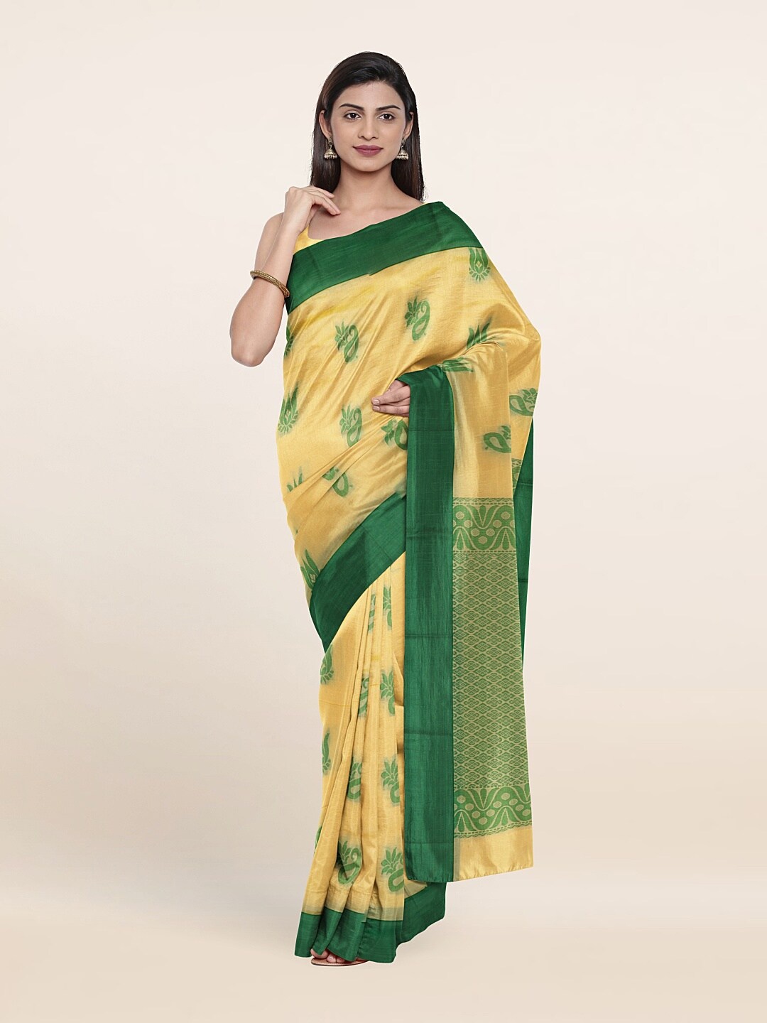 

Pothys Cream-Coloured & Green Paisley Silk Cotton Saree