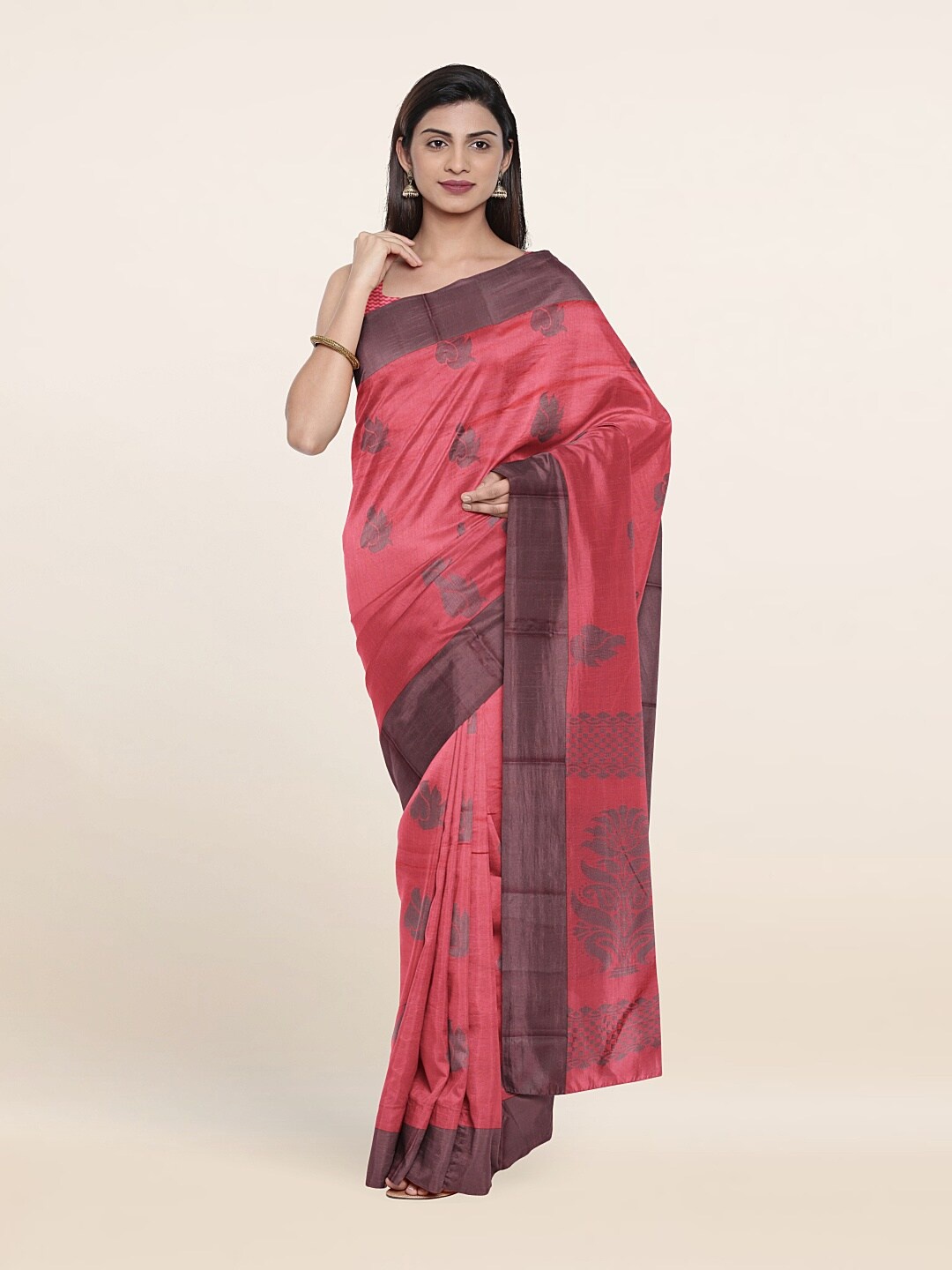 

Pothys Pink & Grey Ethnic Motifs Silk Cotton Saree