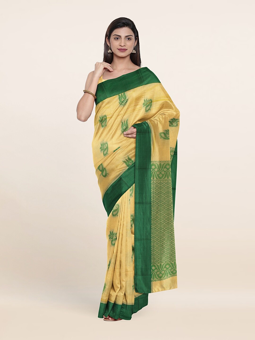 

Pothys Cream-Coloured & Green Paisley Silk Cotton Saree