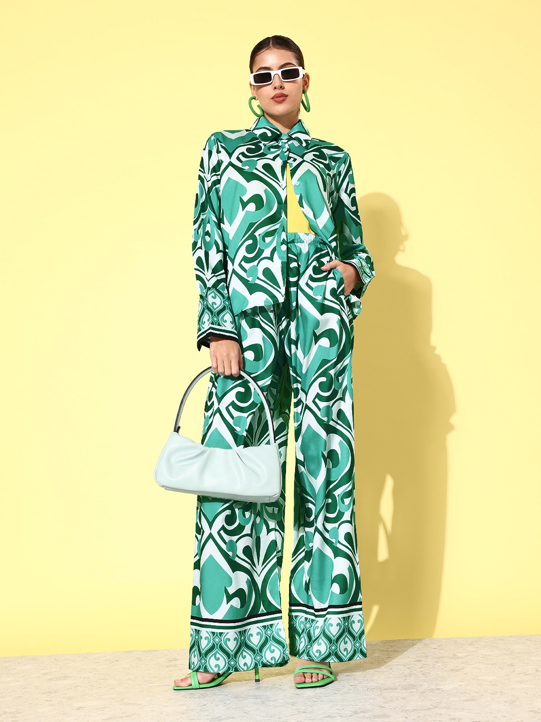 

SHECZZAR Green & White Abstract Print Co-Ords