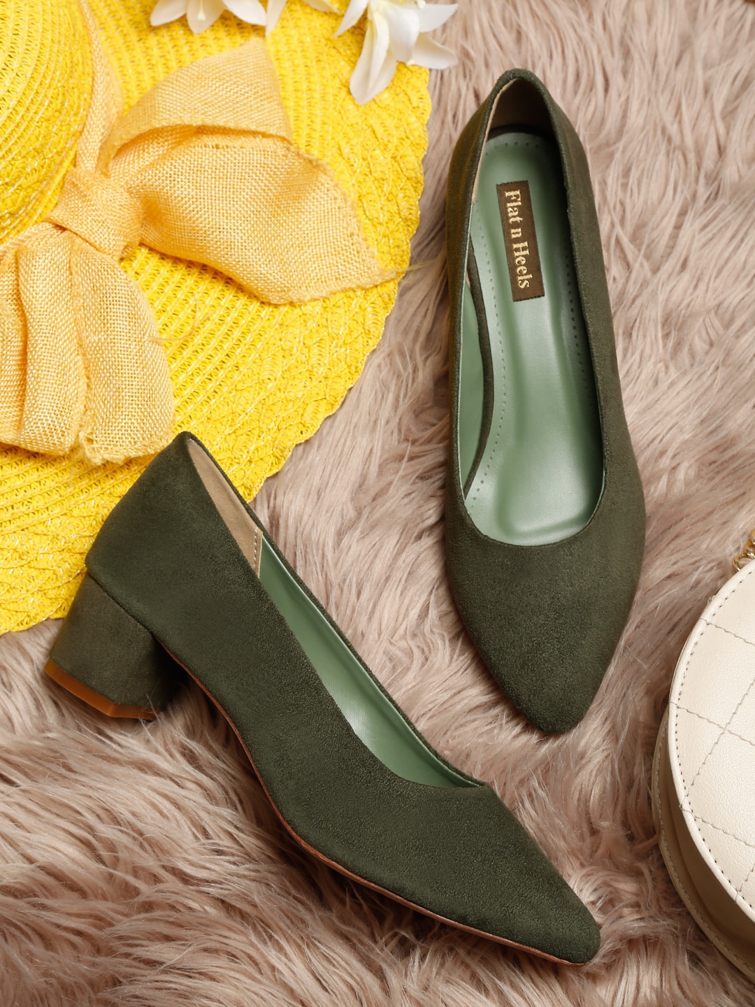 

Flat n Heels Olive Green Suede Block Pumps