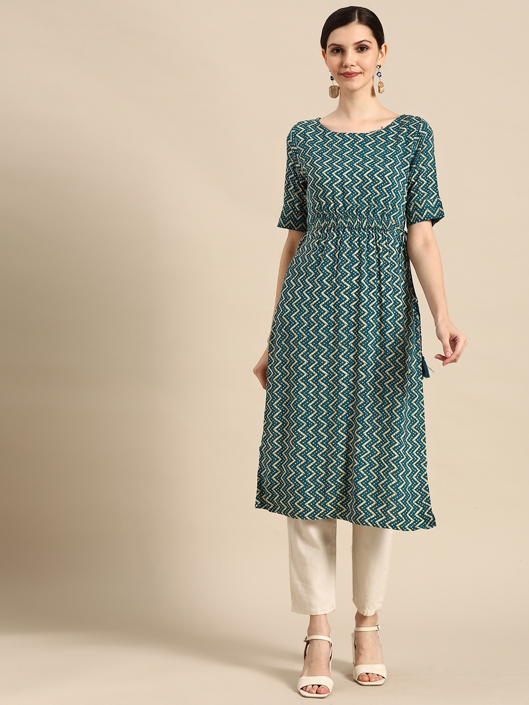 

Anouk Women Teal Blue & Beige Printed A-line Kurta