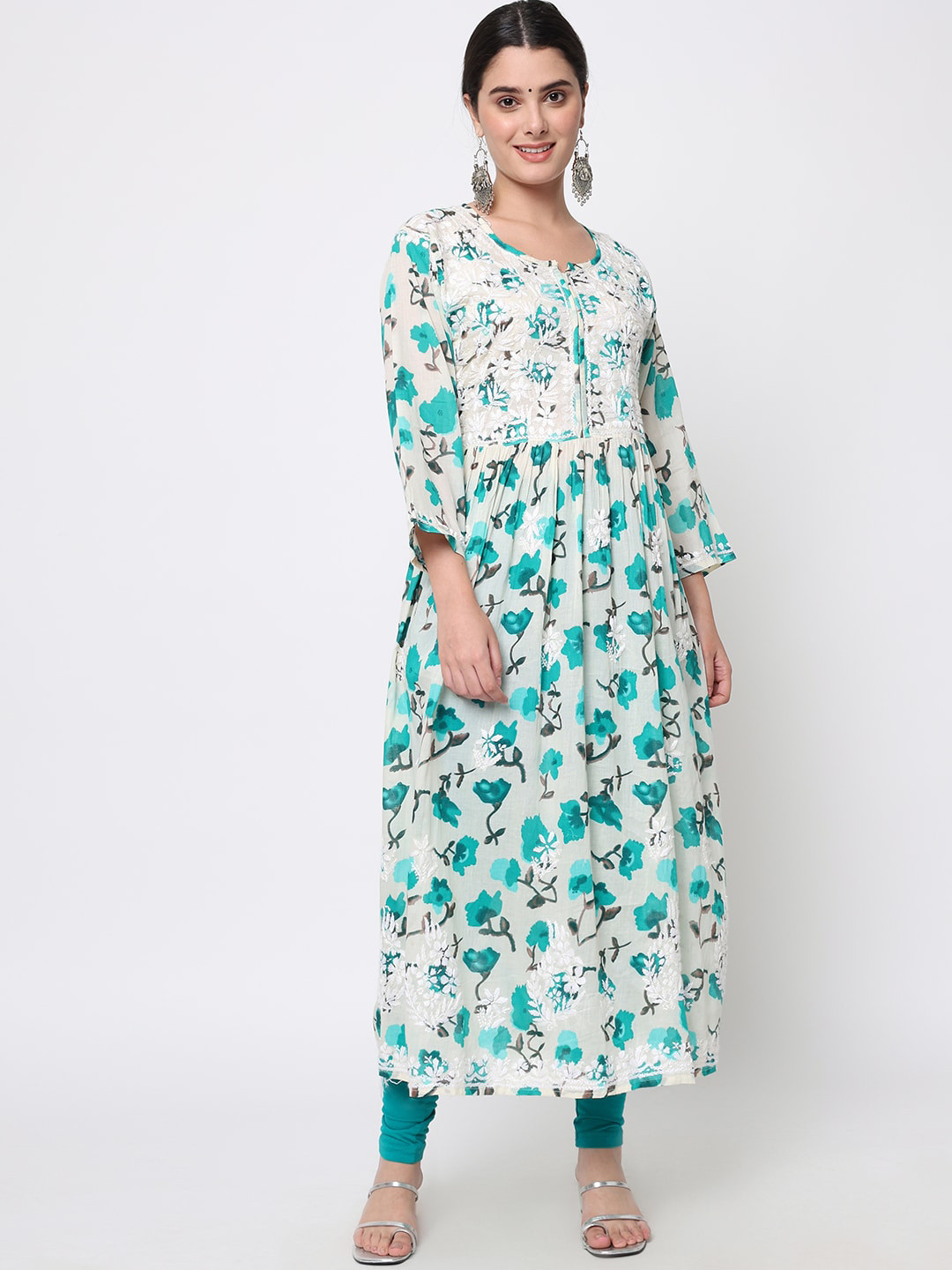 

PARAMOUNT CHIKAN Chikankari Floral Printed Cotton Kurta, White