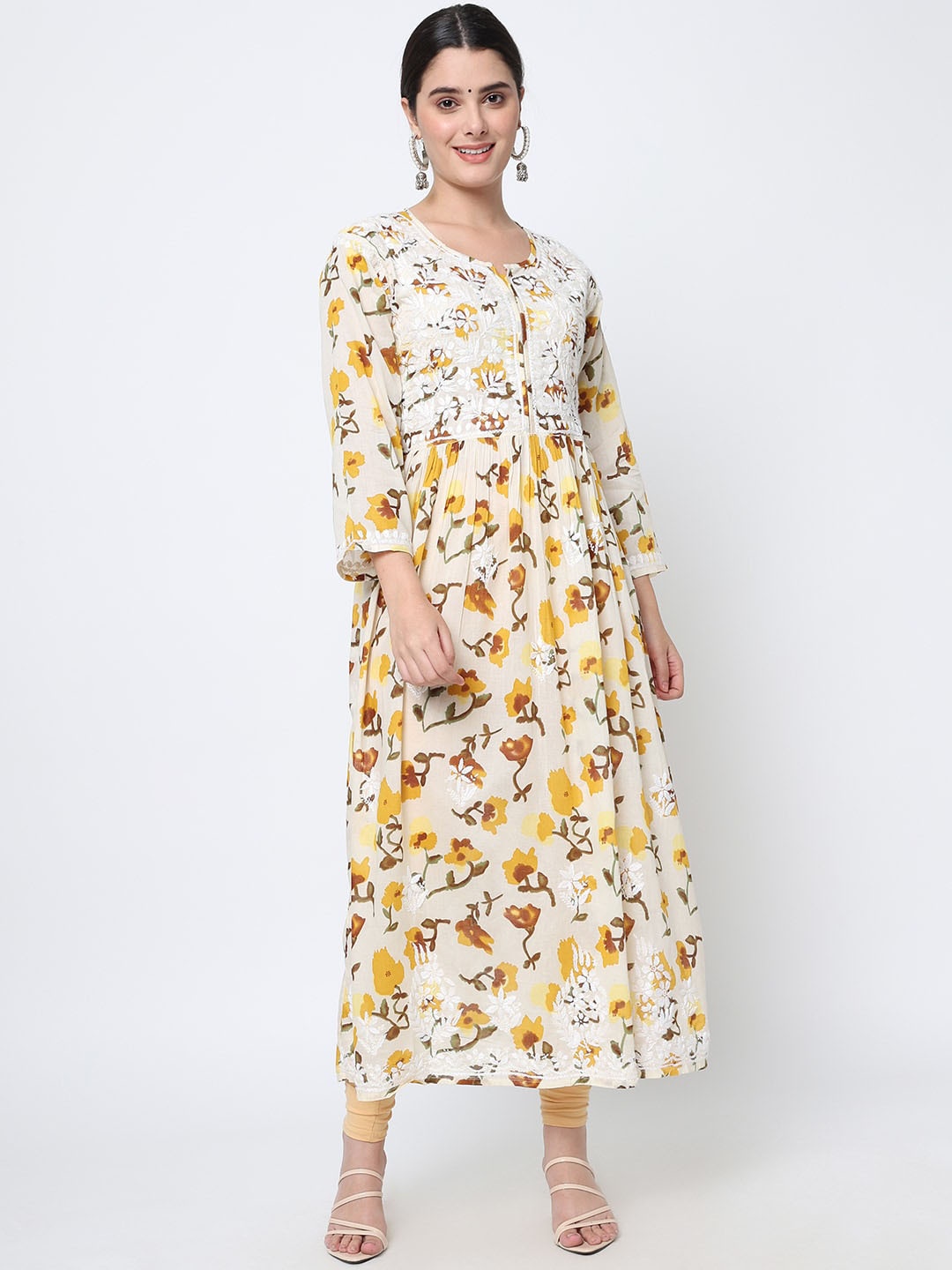 

PARAMOUNT CHIKAN Women Yellow Ethnic Motif Embroidered Chikankari Cotton Kurta