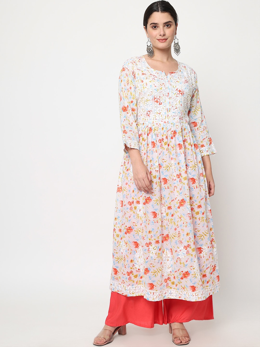 

PARAMOUNT CHIKAN Women Orange & White Floral Printed Chikankari Anarkali Kurta